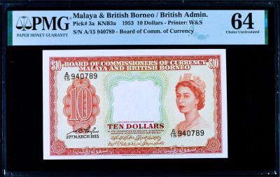 【Blue Auction】✨世界纸币精拍第437期【精】 -    【p3a 789顺子尾】马来亚和英属婆罗洲 1953年10元 大冠女王 PMG64 全新品相 雄狮水印 W&S出品 值得收藏
