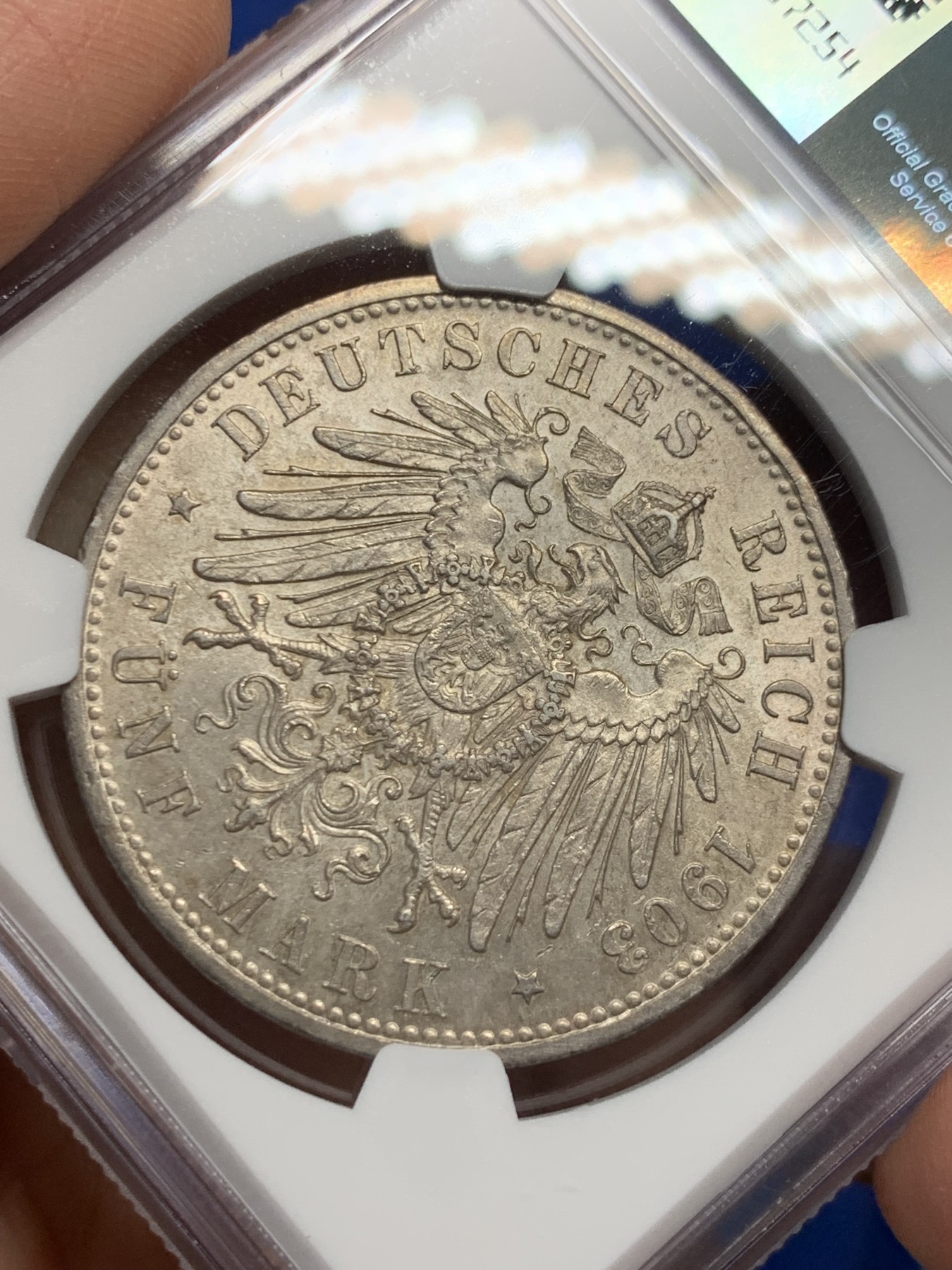 《竞宝斋》第242场-周日，周一 新年开场 (全场包邮) NGC MS62 德国1903D巴伐利亚奥托5马克大银币 流通版5马克MS极少