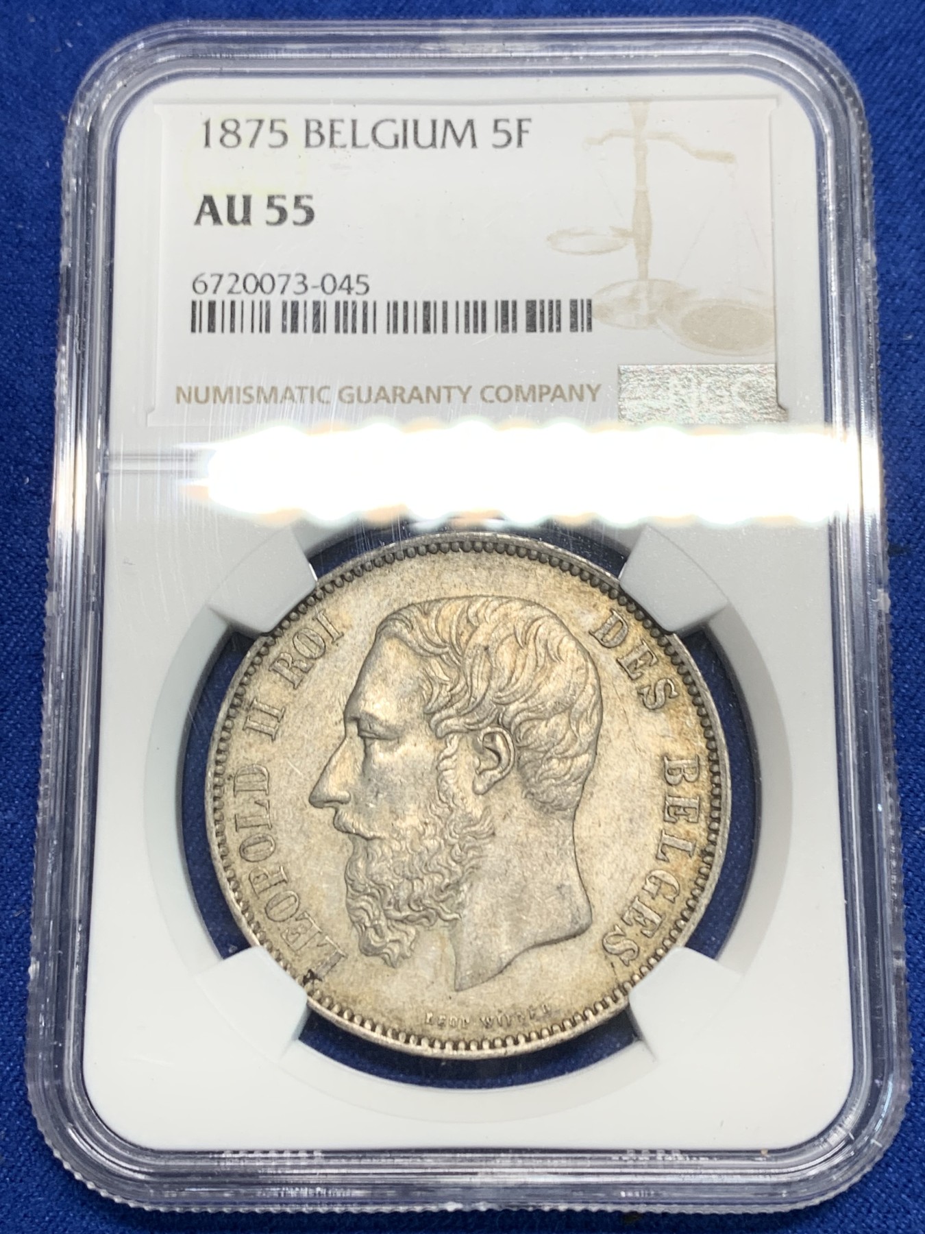 《竞宝斋》第242场-周日，周一 新年开场 (全场包邮) NGC AU55 比利时1875年利奥波德5法郎银币 细节好