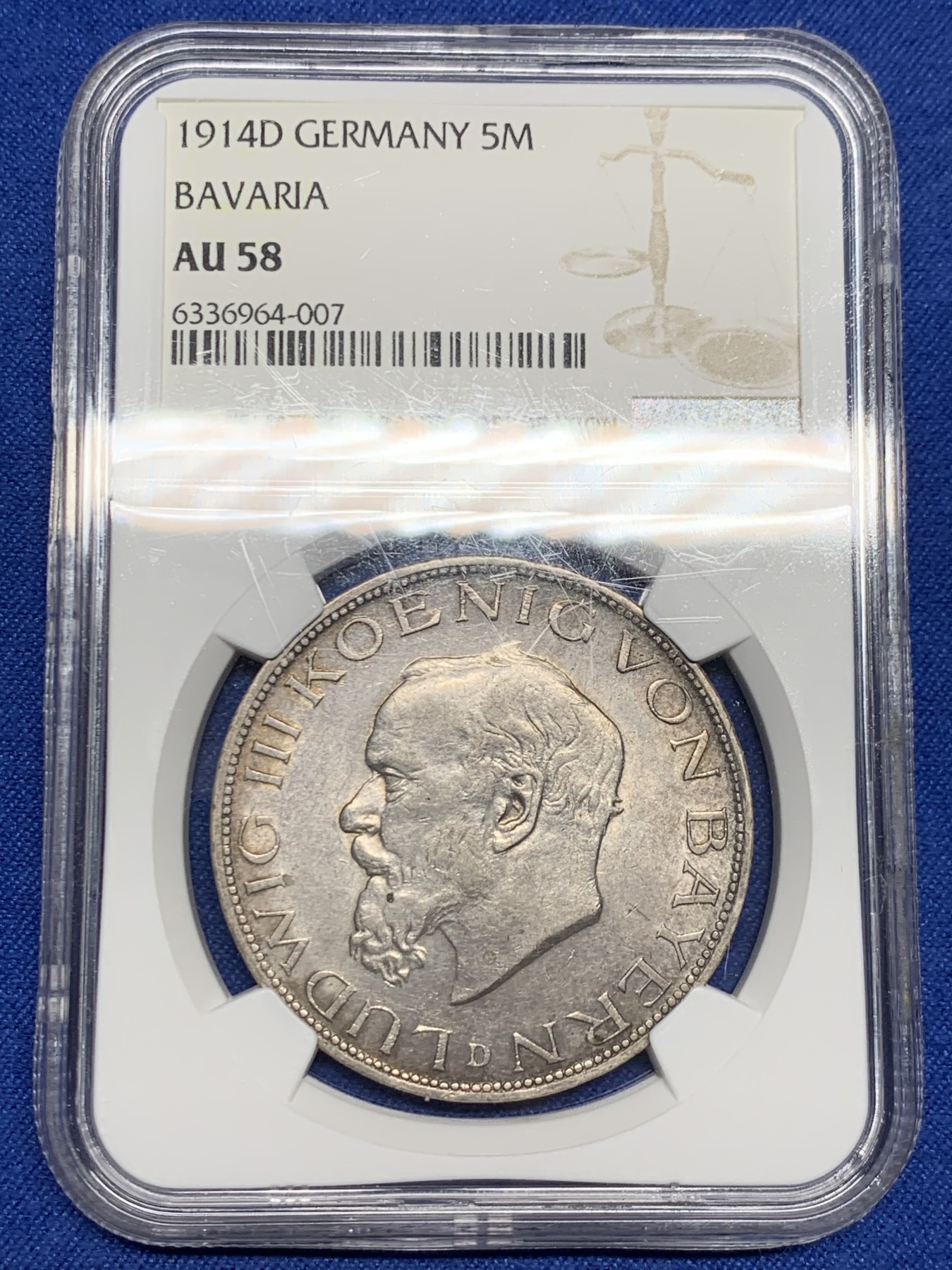 《竞宝斋》第242场-周日，周一 新年开场 (全场包邮) NGC-AU58 德国1914年巴伐利亚路德维希三世5马克银币