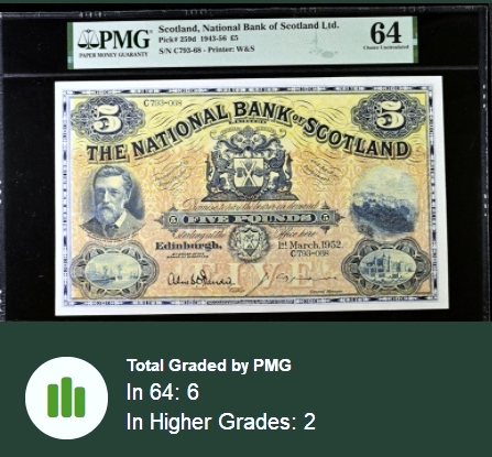 【Blue Auction】✨世界纸币精拍第437期【精】  【仅2张更高分 超大票幅】苏格兰 1943-56年5镑 W&S出品 设计精美 大场景 PMG64 全新品相非常少见 