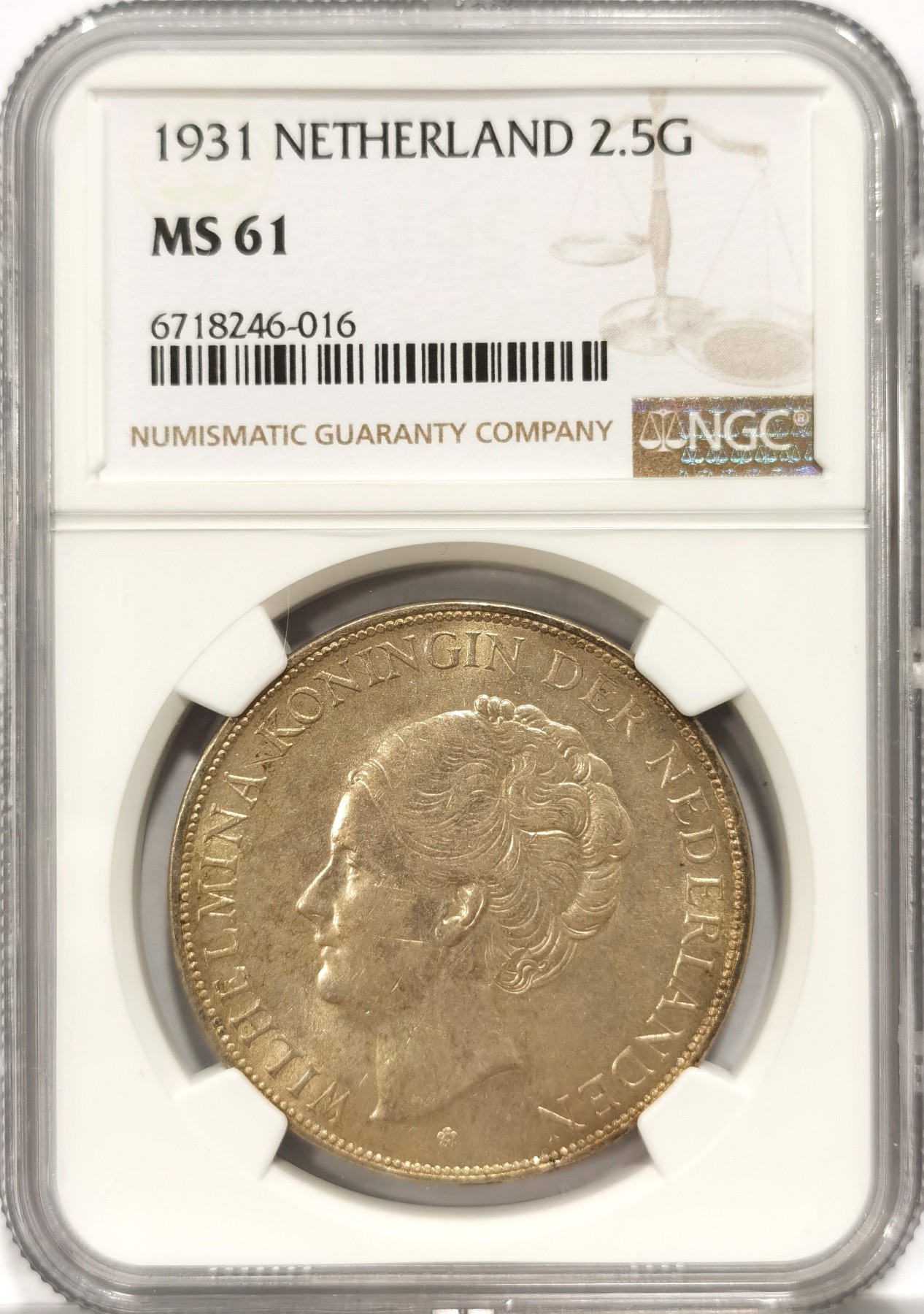博洋堂世界钱币拍卖第066期（全场包邮） NGC MS61 荷兰1931年威廉明娜女王2.5盾大银币