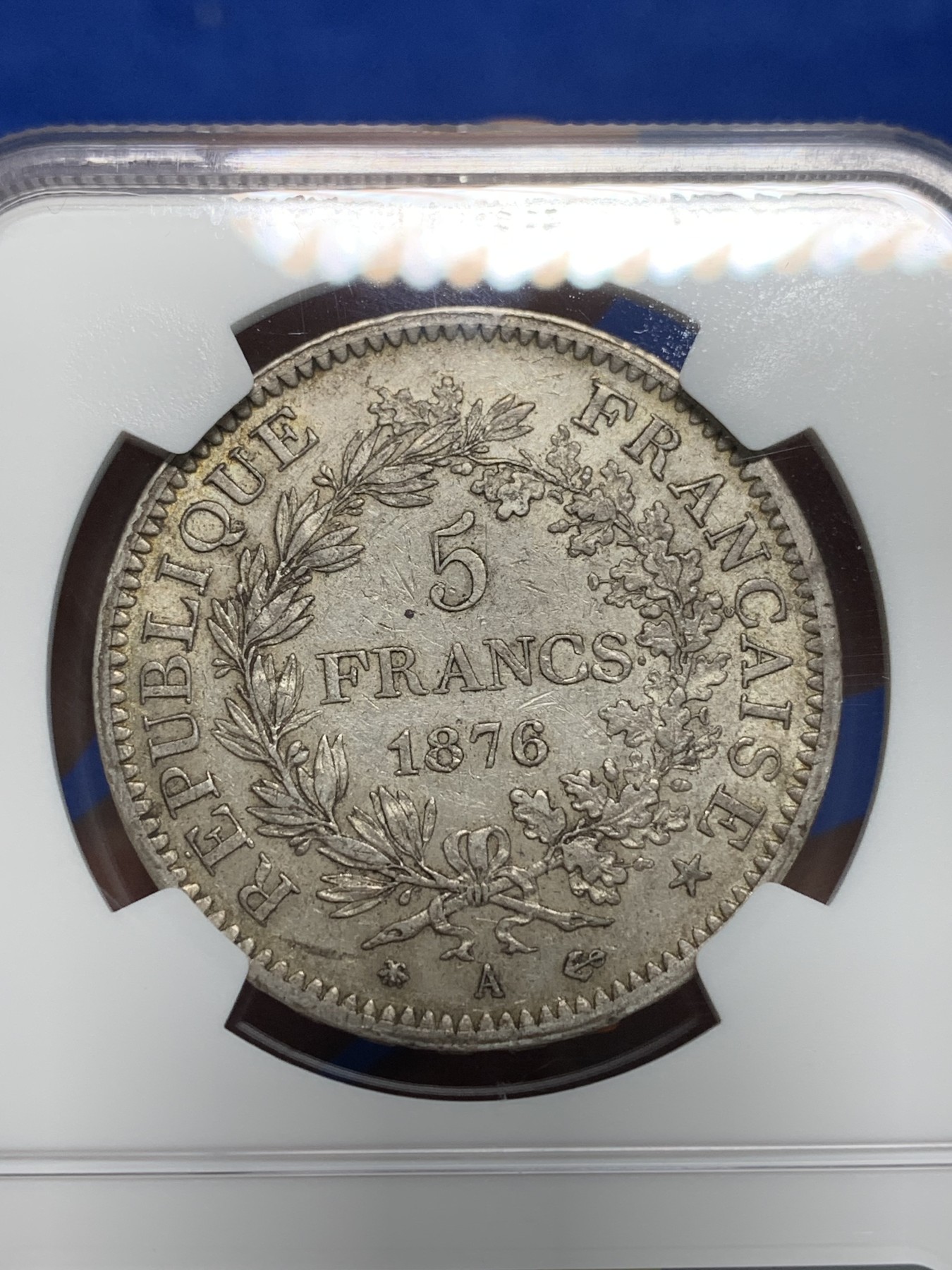 《竞宝斋》第242场-周日，周一 新年开场 (全场包邮) NGC AU50 法国1876年大力神5法郎银币，少见年份，原味包浆。