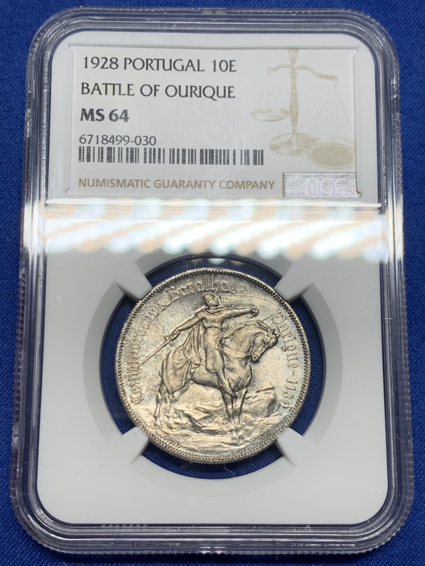 《竞宝斋》第242场-周日，周一 新年开场 (全场包邮) NGC MS64 葡萄牙1928年马剑10埃斯库多银币 纪念奥里基战役