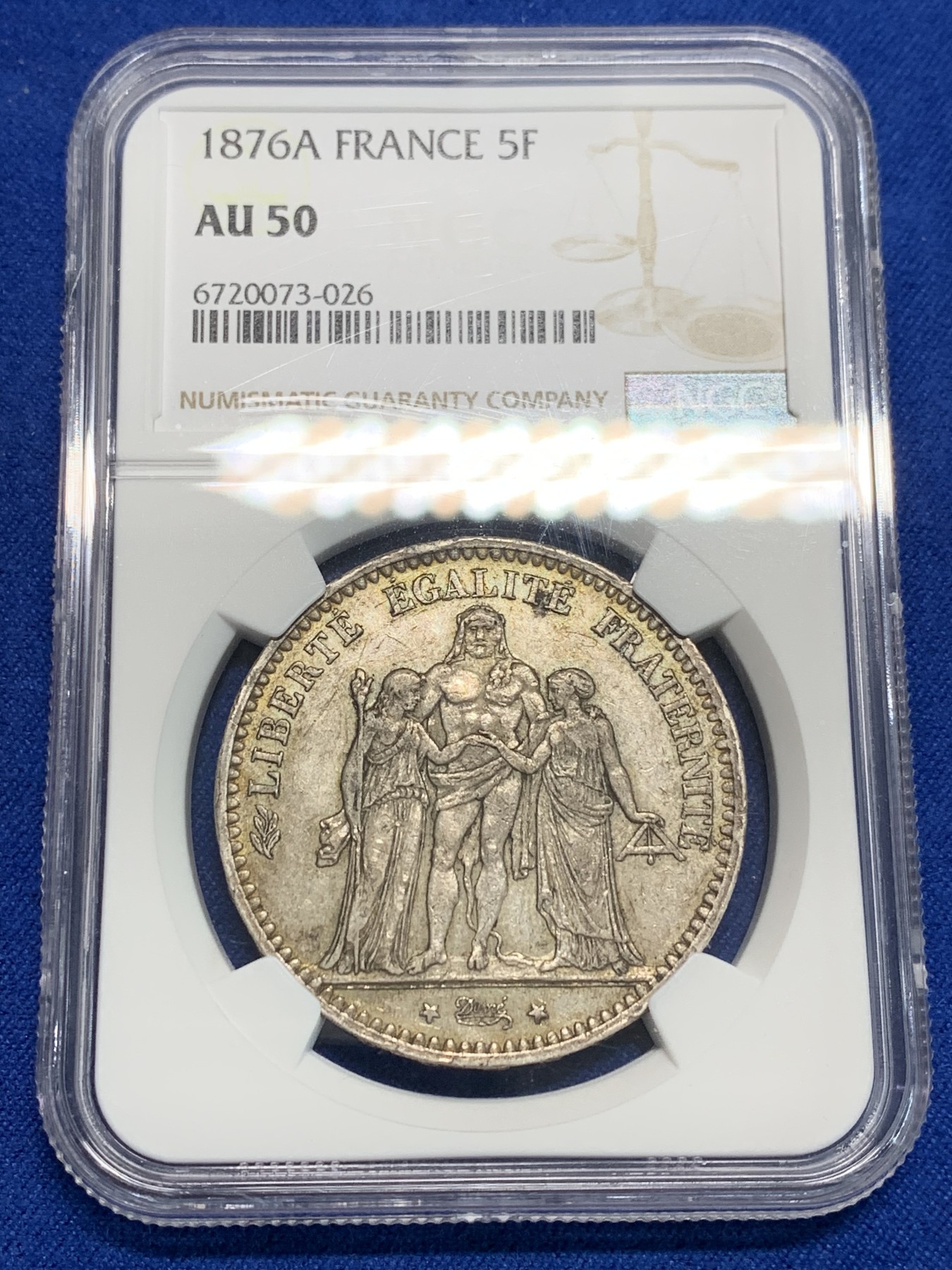 《竞宝斋》第242场-周日，周一 新年开场 (全场包邮) NGC AU50 法国1876年大力神5法郎银币，少见年份，原味包浆。