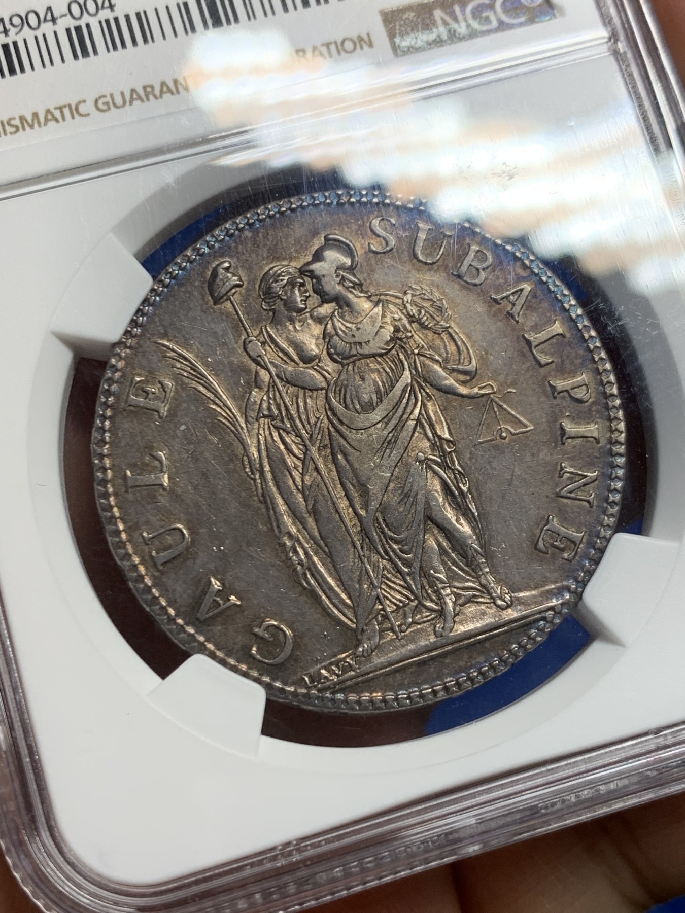 《竞宝斋》第242场-周日，周一 新年开场 (全场包邮) NGC AU58 意大利山南共和国十年 5法郎大银