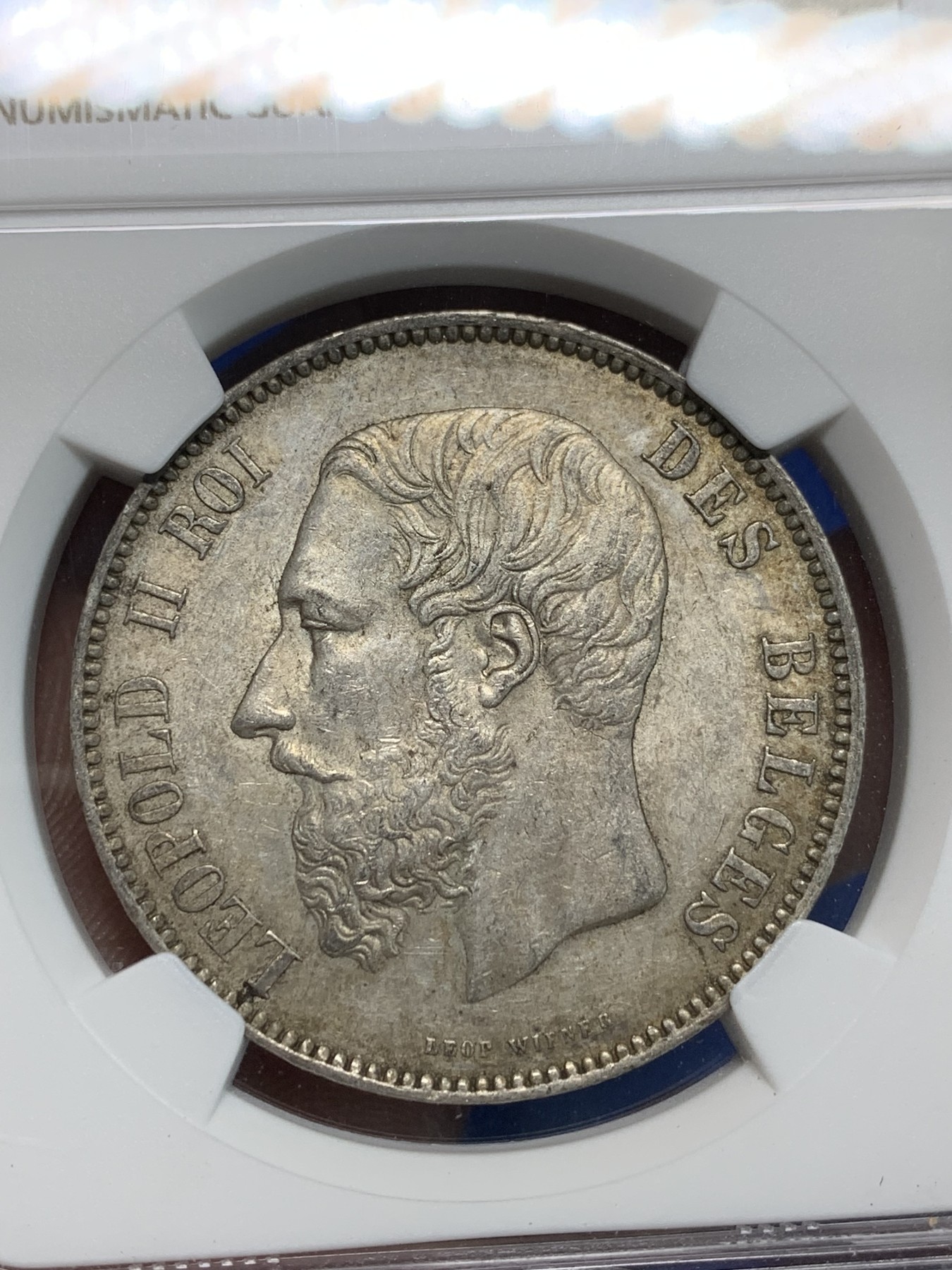 《竞宝斋》第242场-周日，周一 新年开场 (全场包邮) NGC AU55 比利时1875年利奥波德5法郎银币 细节好