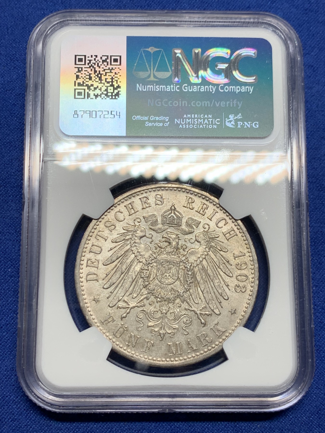 《竞宝斋》第242场-周日，周一 新年开场 (全场包邮) NGC MS62 德国1903D巴伐利亚奥托5马克大银币 流通版5马克MS极少