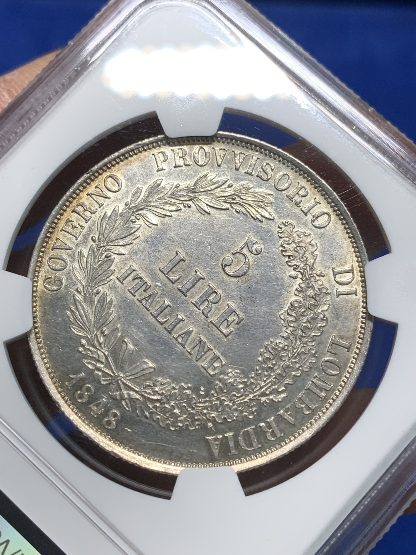 《竞宝斋》第242场-周日，周一 新年开场 (全场包邮) NGC UNC 意大利1848年伦巴第革命政府5里拉银币 女神像