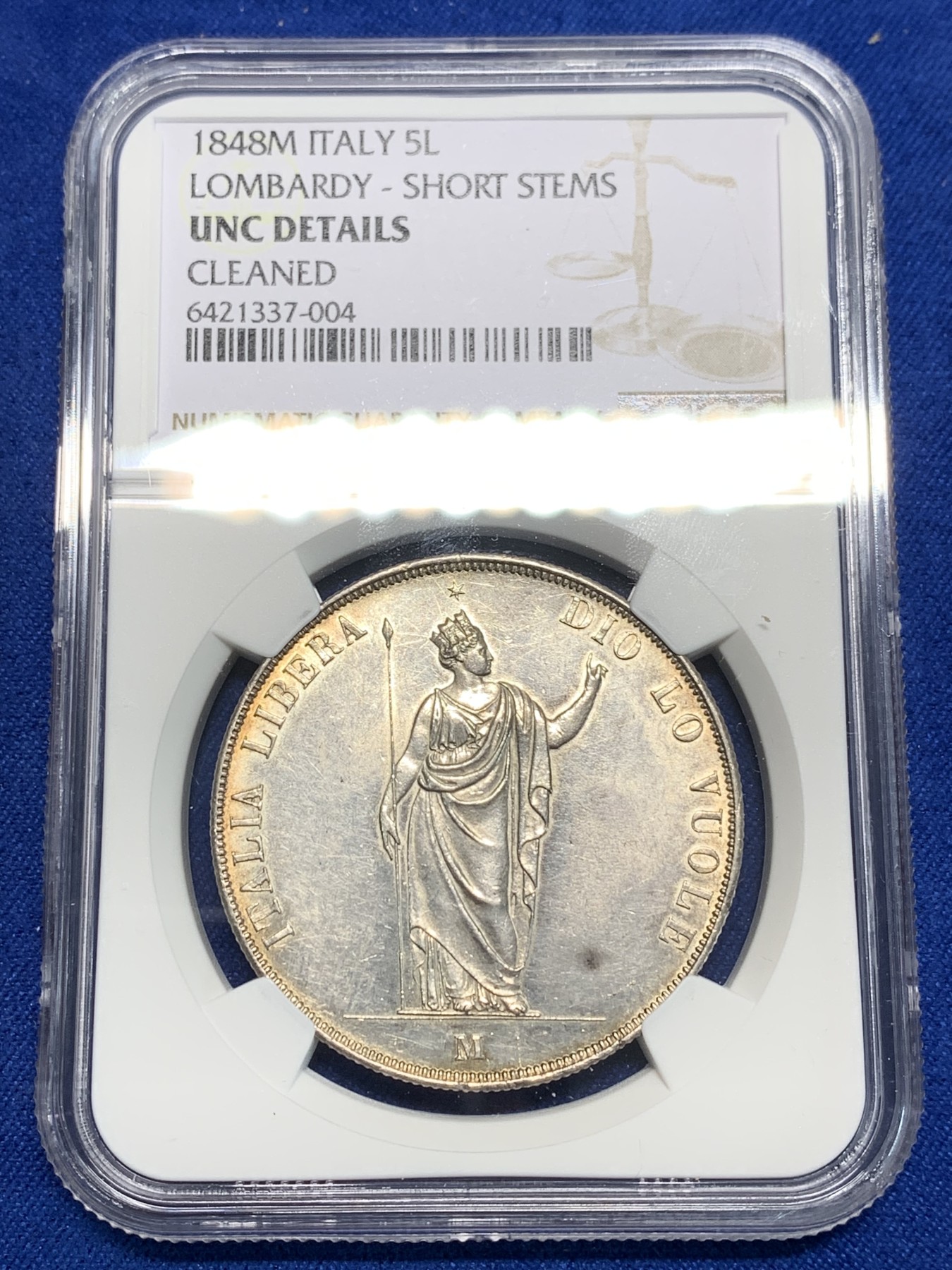 《竞宝斋》第242场-周日，周一 新年开场 (全场包邮) NGC UNC 意大利1848年伦巴第革命政府5里拉银币 女神像