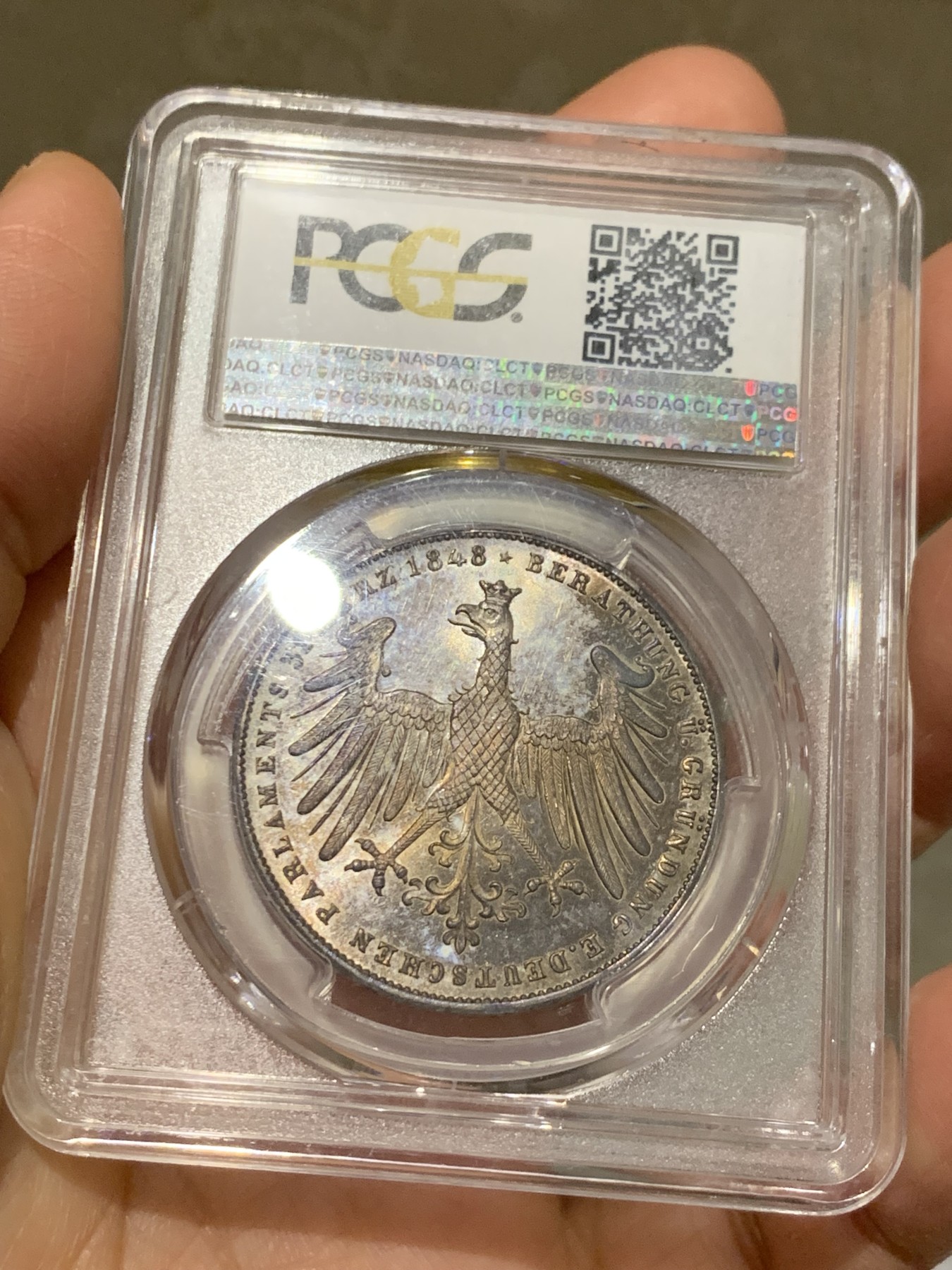 《竞宝斋》第242场-周日，周一 新年开场 (全场包邮) PCGS MS65 德国1848年法兰克福双面鹰2盾银币 双面包浆 太美