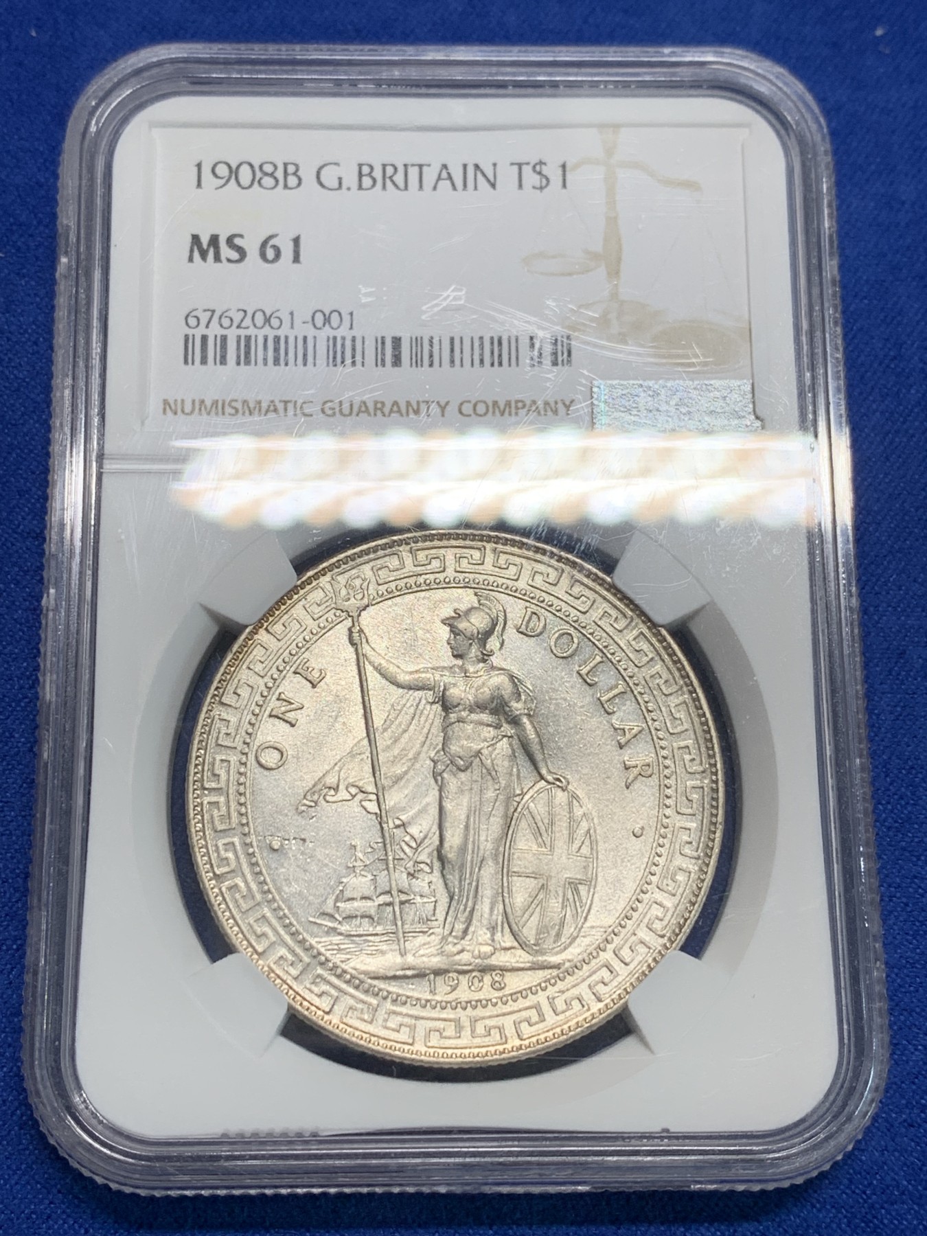 《竞宝斋》第242场-周日，周一 新年开场 (全场包邮) NGC-MS61 英国 贸易银 1908年 站洋 壹元 银币 经典品种