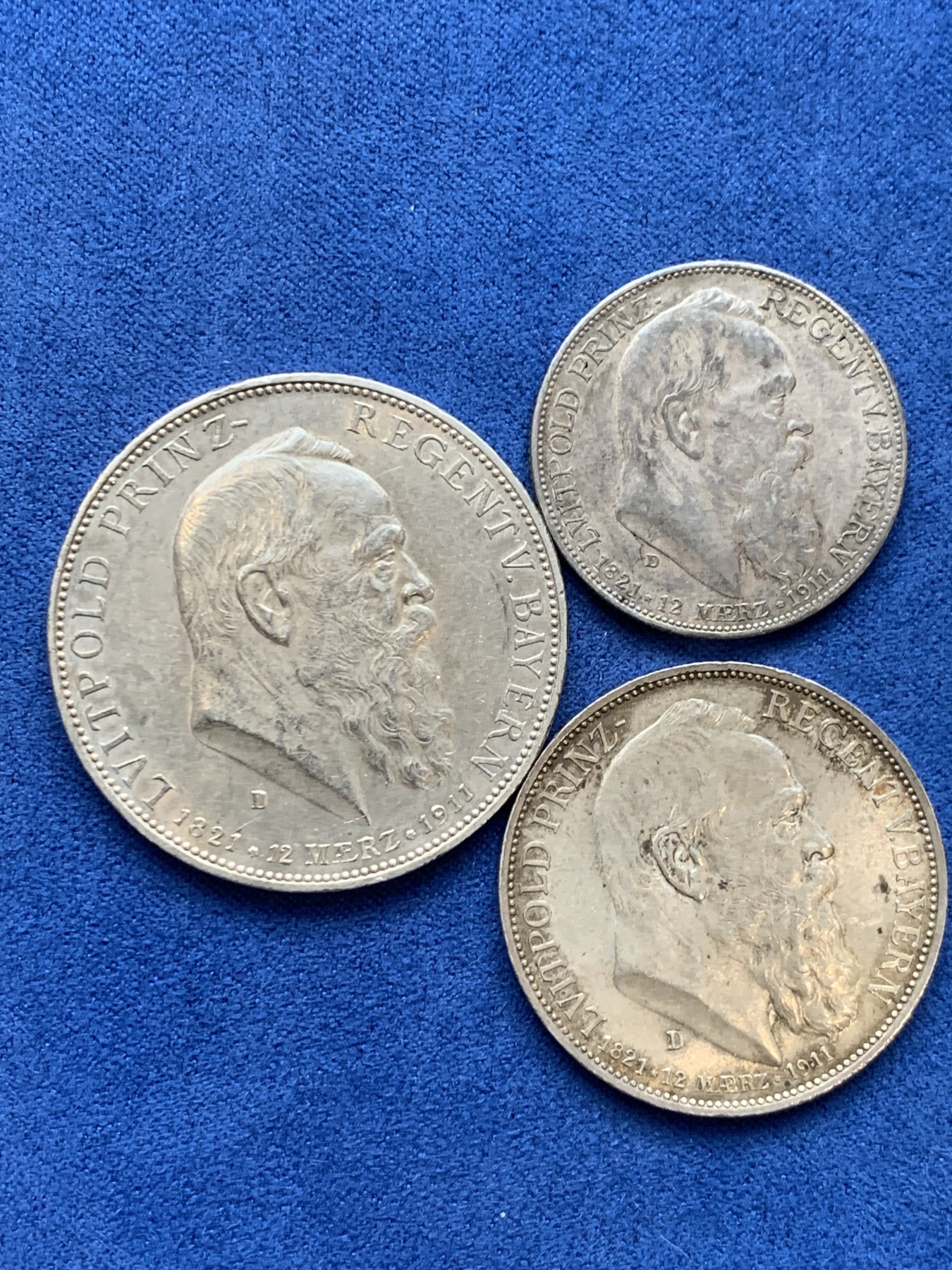 《竞宝斋》第242场-周日，周一 新年开场 (全场包邮) 3枚一组 德国巴伐利亚1911年利奥波德银币 2马克+3马克+5马克 原味带底光无磕