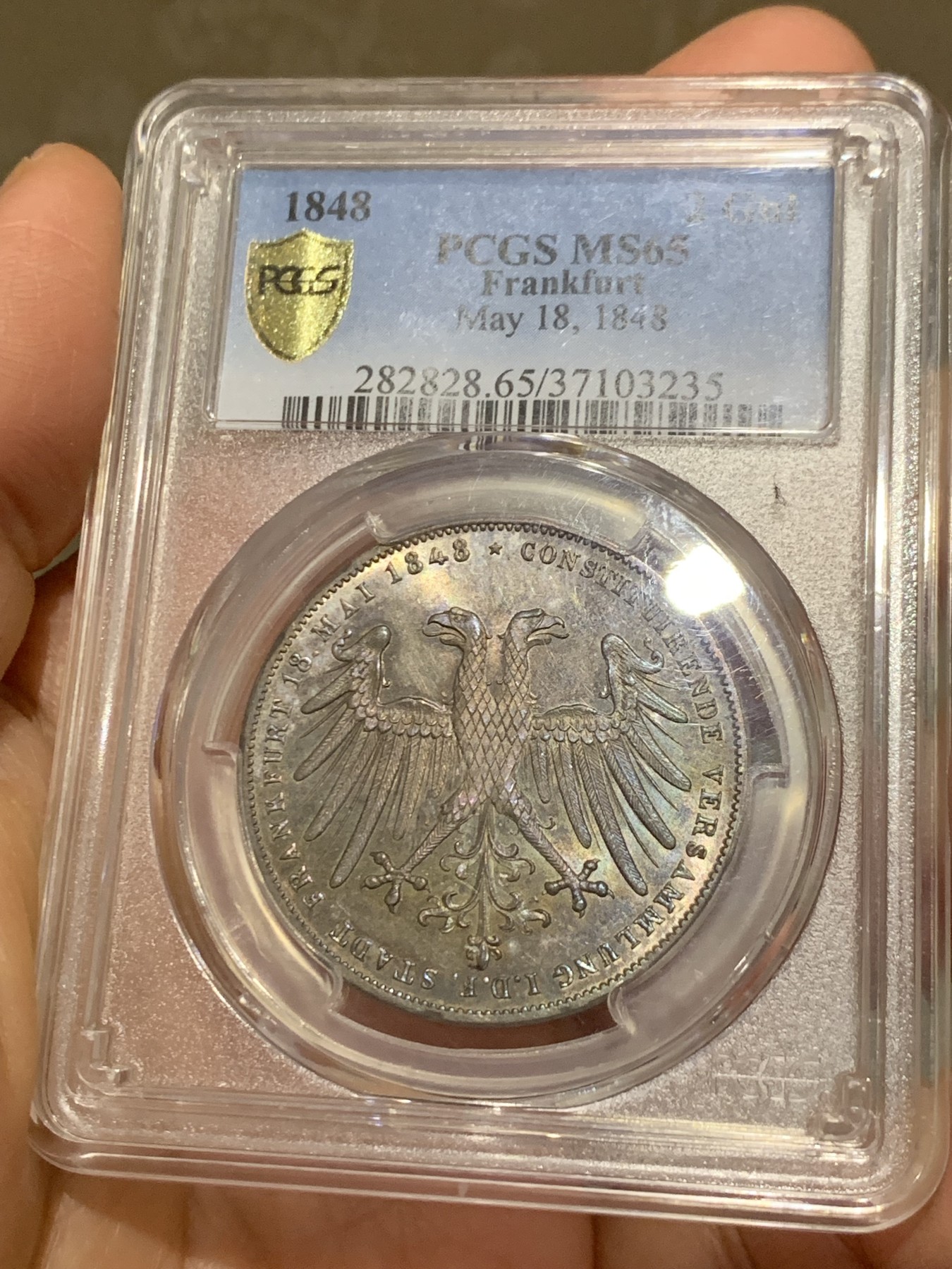 《竞宝斋》第242场-周日，周一 新年开场 (全场包邮) PCGS MS65 德国1848年法兰克福双面鹰2盾银币 双面包浆 太美