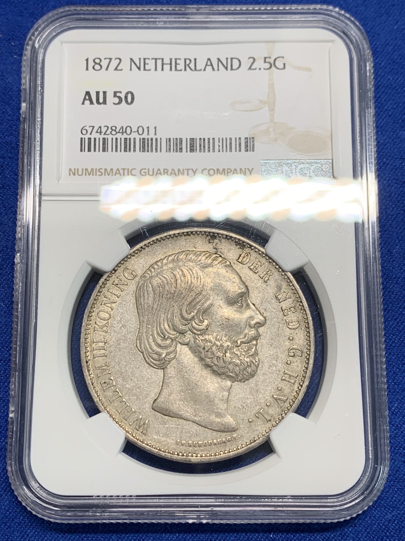 《竞宝斋》第242场-周日，周一 新年开场 (全场包邮) NGC-AU50 荷兰 1872年 2.5盾 大银币 威廉三世 原包浆带底光 细节很不错 945高银