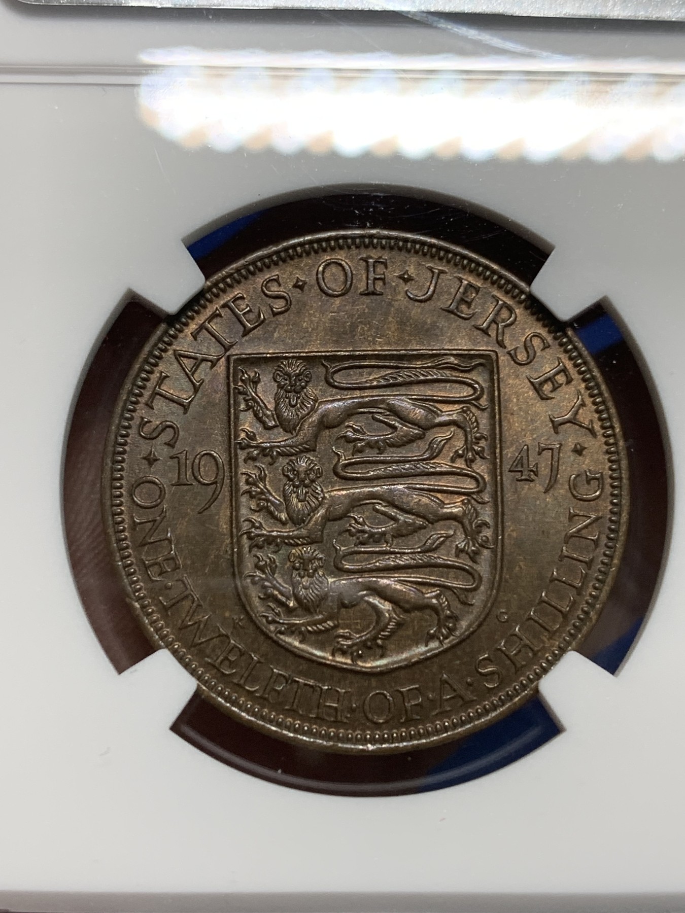 《竞宝斋》第242场-周日，周一 新年开场 (全场包邮) NGC MS64BN 1947年英属泽西岛乔六1/12先令铜币 亚军分