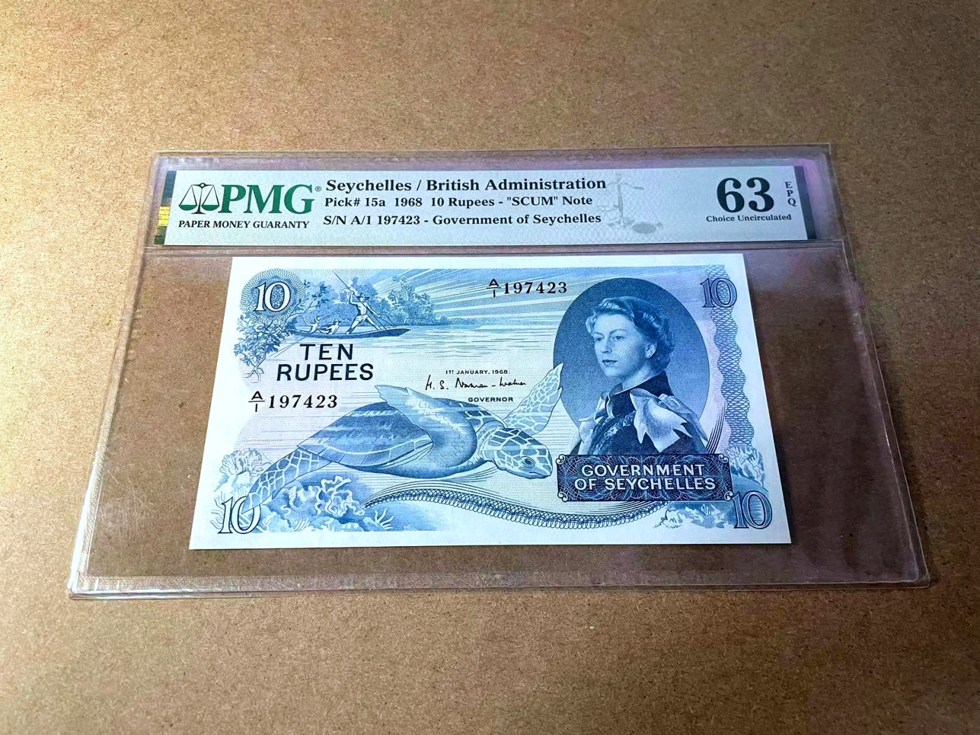 【Blue Auction】✨世界纸币精拍第437期【精】  【A/1首发冠 a版】塞舌尔 1968年10卢比 SCUM Note PMG63EPQ 全新原票 戎装女王 