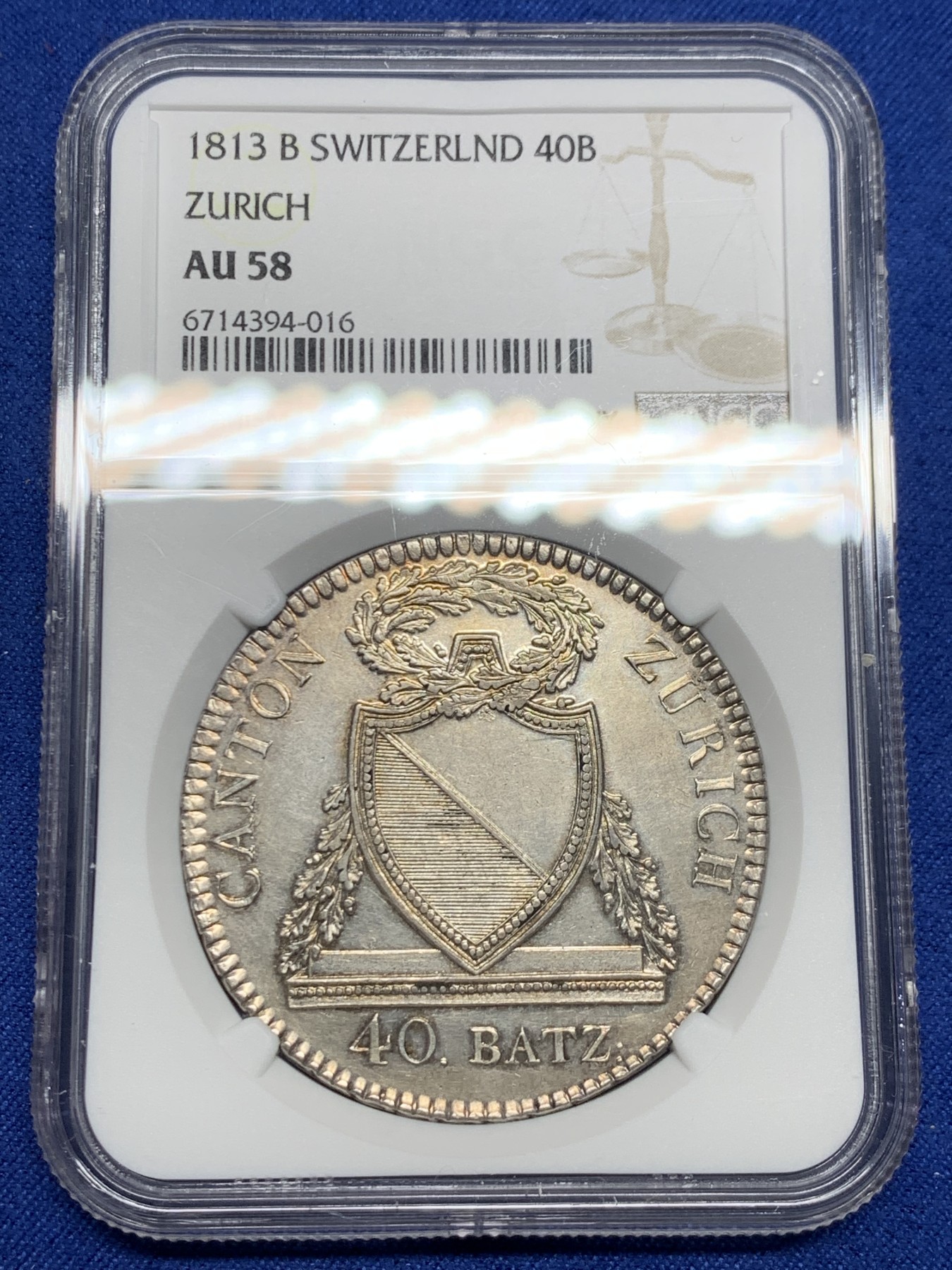 《竞宝斋》第242场-周日，周一 新年开场 (全场包邮) NGC AU58 瑞士 1813年 苏黎世 40巴增 大银币 深打细节好