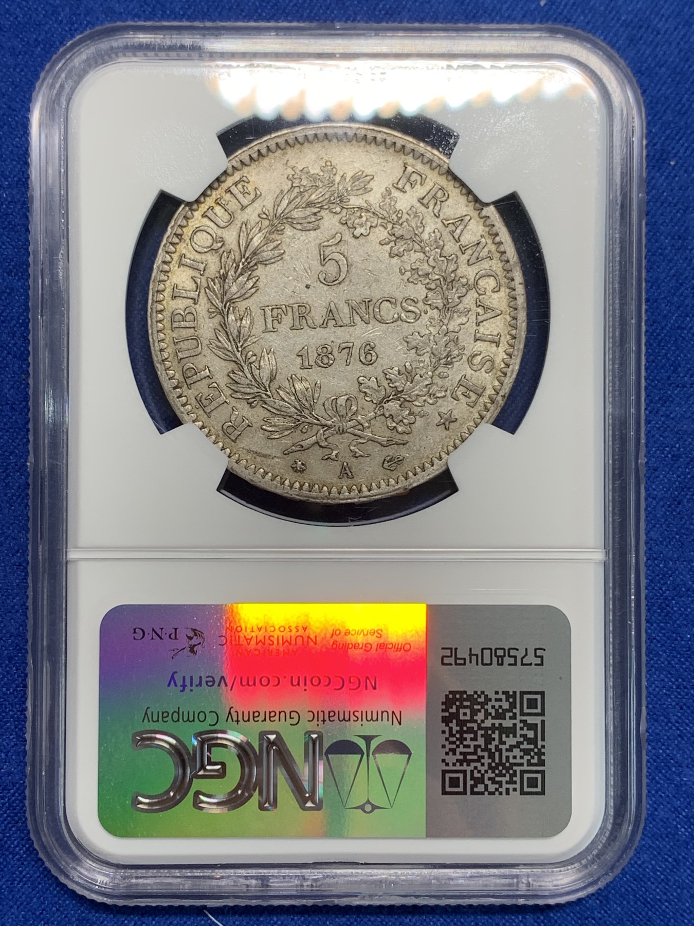 《竞宝斋》第242场-周日，周一 新年开场 (全场包邮) NGC AU50 法国1876年大力神5法郎银币，少见年份，原味包浆。