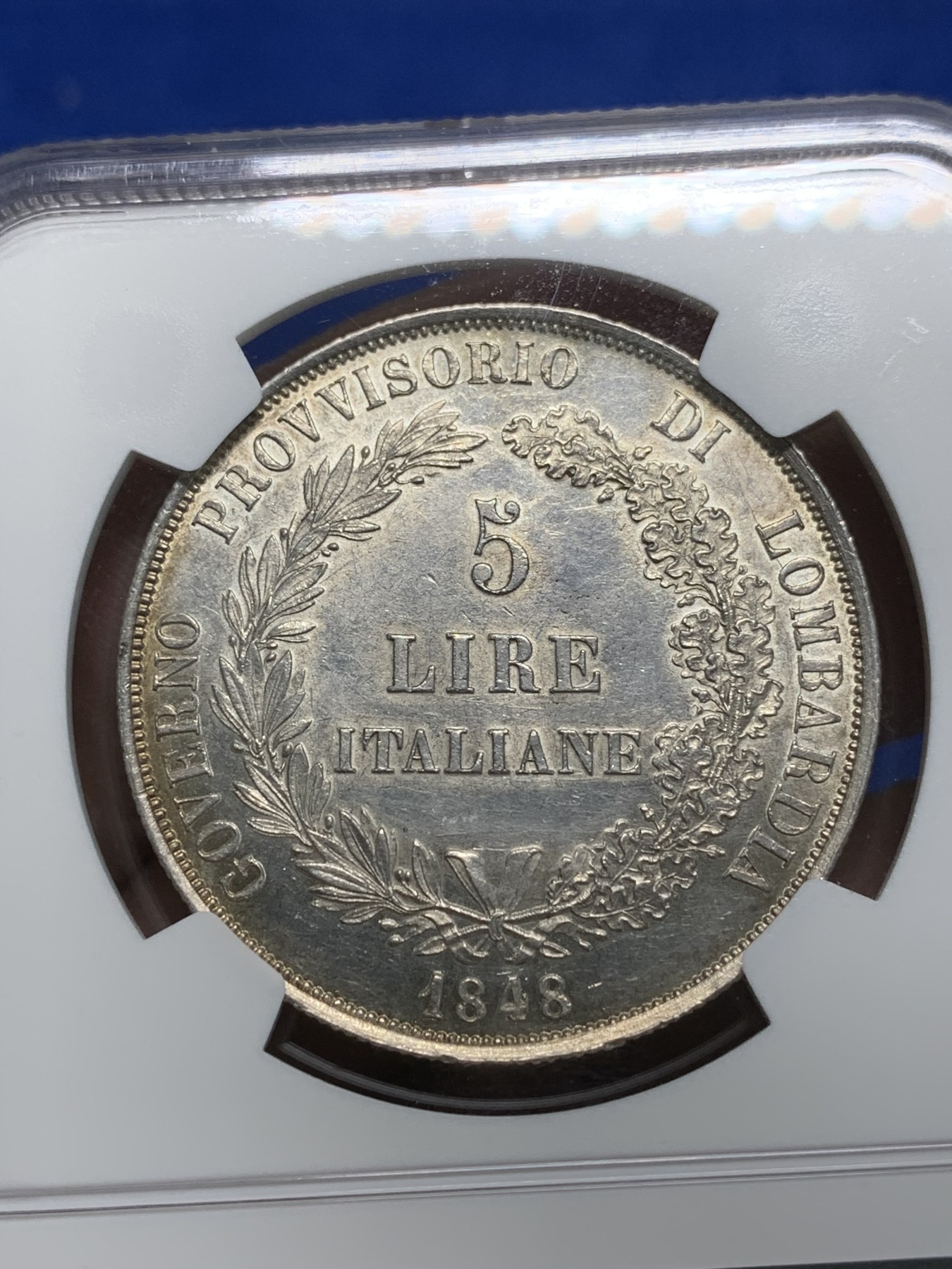 《竞宝斋》第242场-周日，周一 新年开场 (全场包邮) NGC UNC 意大利1848年伦巴第革命政府5里拉银币 女神像