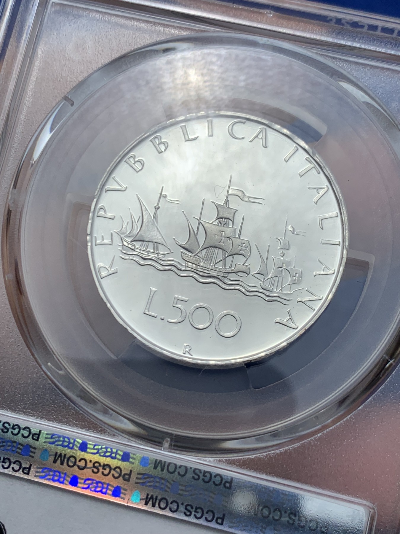 《竞宝斋》第242场-周日，周一 新年开场 (全场包邮) 季军分 PCGS-PR67DCAM 意大利 1985年 精制 帆船少女 500里拉 银币 首年发行 银光闪闪