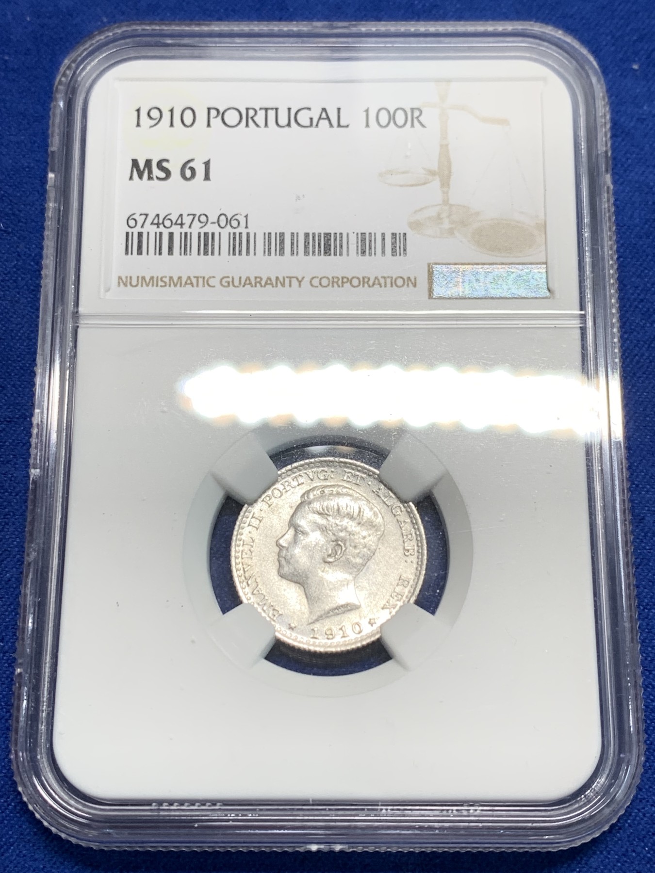 《竞宝斋》第242场-周日，周一 新年开场 (全场包邮) NGC MS61 葡萄牙 1910年 100瑞斯 银币