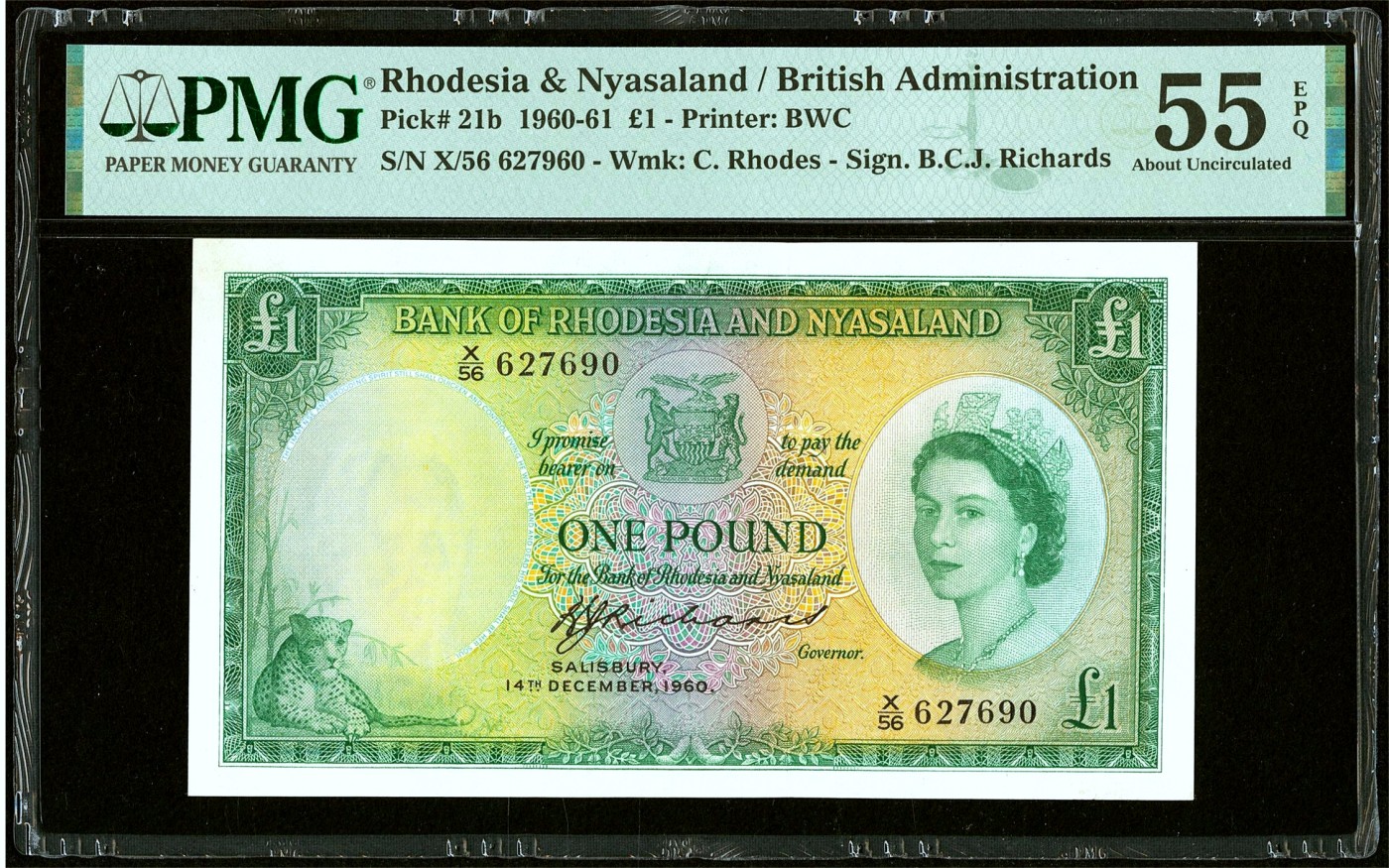 【Blue Auction】✨世界纸币精拍第437期【精】 罗德西亚和尼亚萨兰 1960-61年1镑 大冠女王 BWC出品雕刻精美 大津巴布韦遗址 豹子 PMG55EPQ 原票 状态佳 