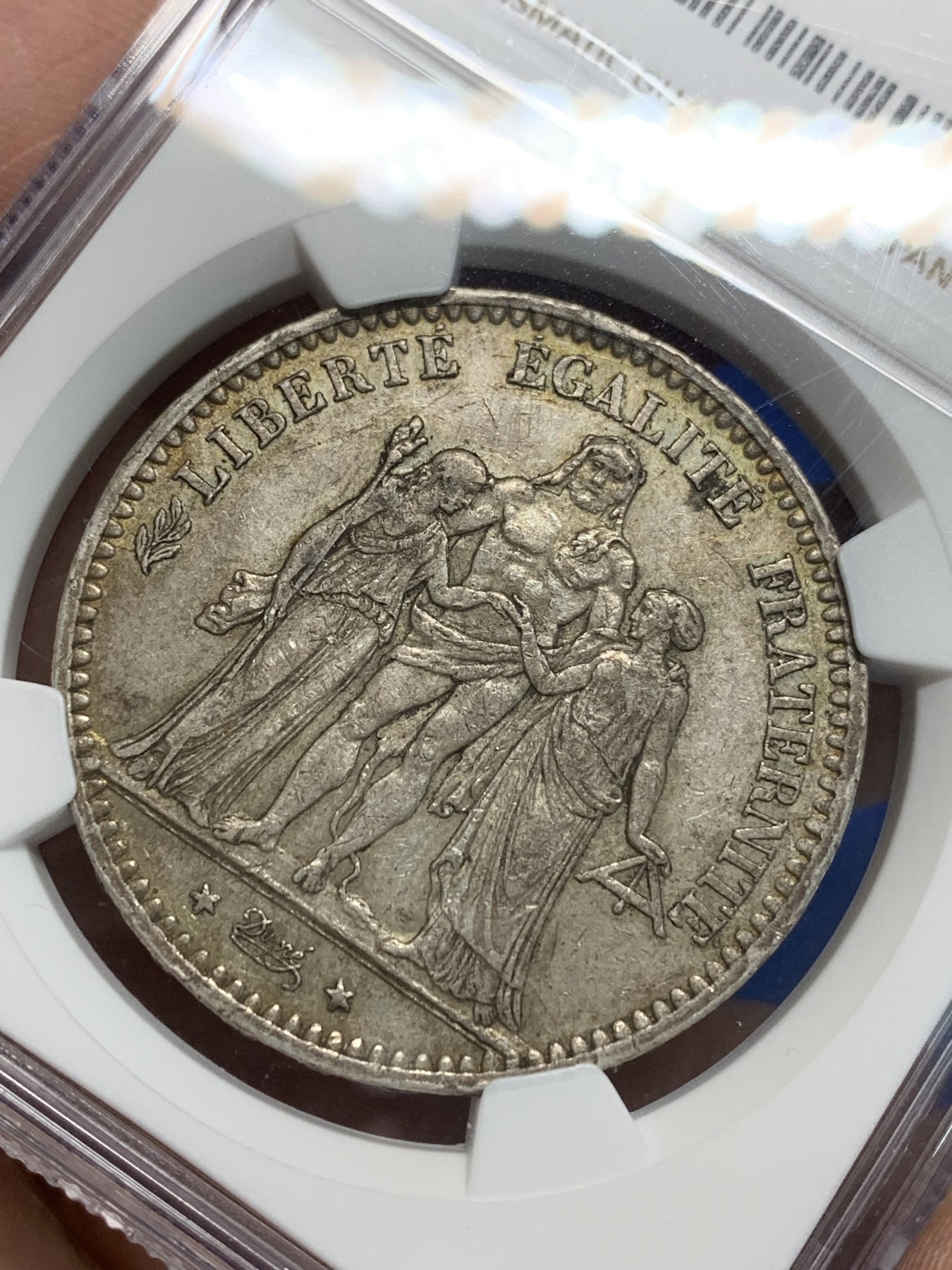 《竞宝斋》第242场-周日，周一 新年开场 (全场包邮) NGC AU50 法国1876年大力神5法郎银币，少见年份，原味包浆。