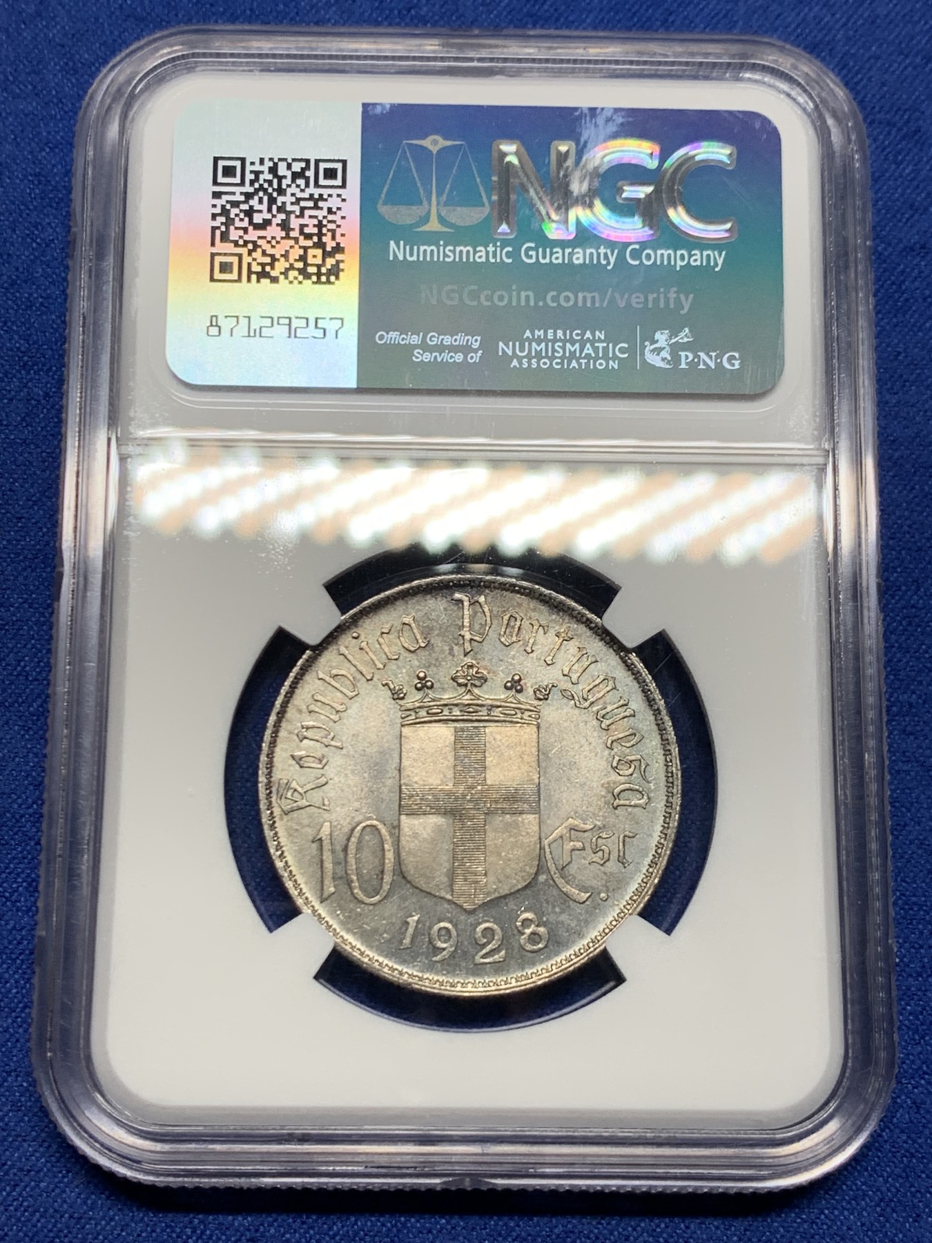 《竞宝斋》第242场-周日，周一 新年开场 (全场包邮) NGC MS64 葡萄牙1928年马剑10埃斯库多银币 纪念奥里基战役