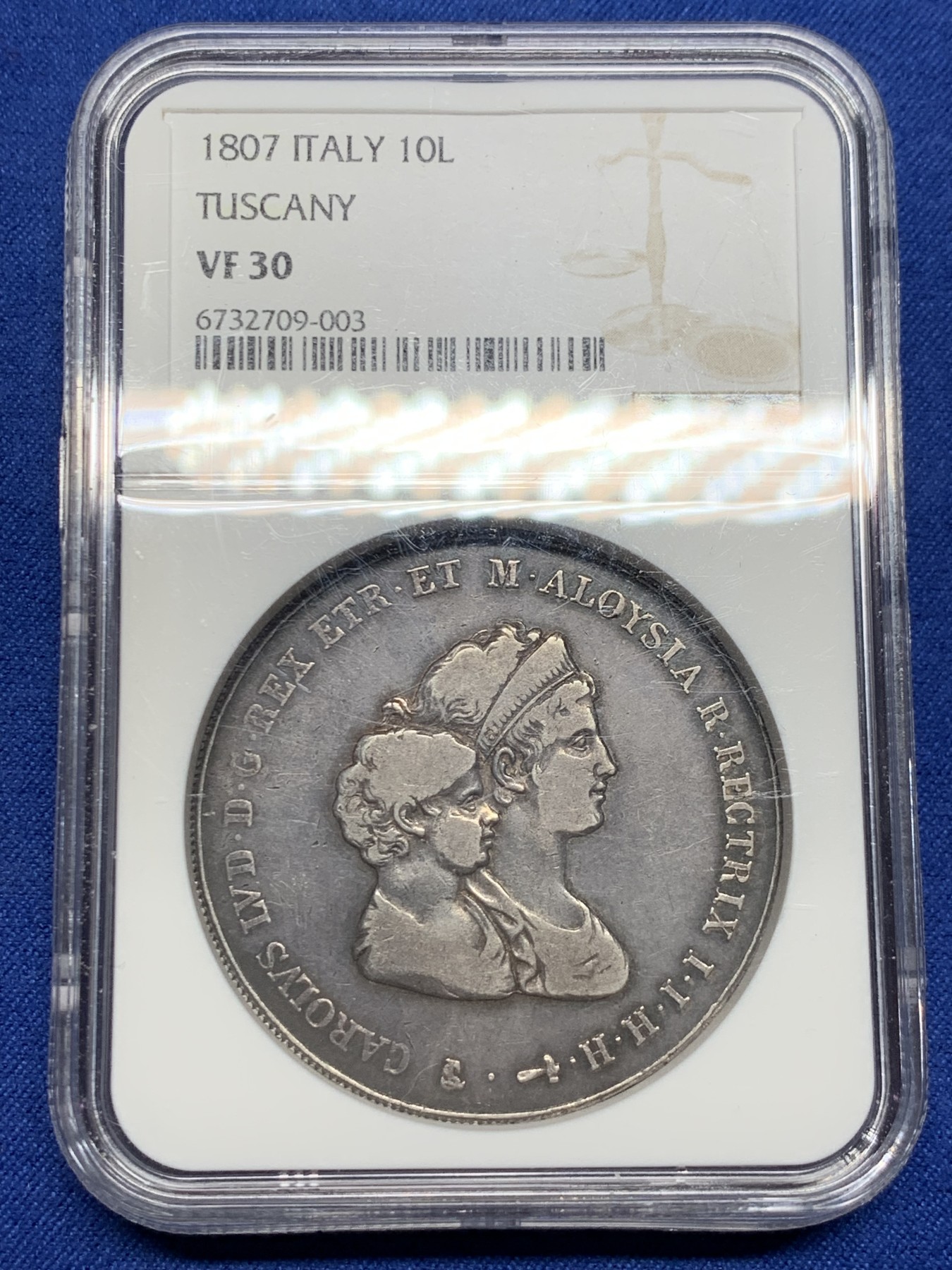 《竞宝斋》第242场-周日，周一 新年开场 (全场包邮) NGC-VF30 1807年意大利邦国托斯卡纳10里拉 母子头像大银币 NGC盒子加厚