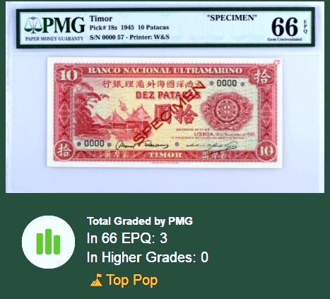 【Blue Auction】✨世界纸币精拍第437期【精】  【冠军分 仅3张 非常罕见】葡属东帝汶 1945年10元 PMG66EPQ 样钞顶级高分 实钞无任何评级记录  Waterlow&Sons印制 色彩鲜艳 原票 带中文字潜力很大 极高收藏价值 