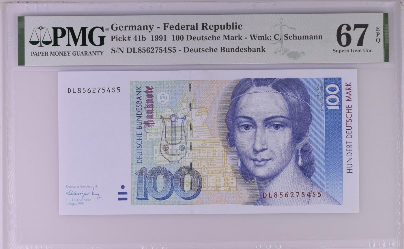 收藏联盟Quantum Auction 第327期拍卖  德国联邦1991年100马克 PMG67 钢琴家 克拉拉舒曼