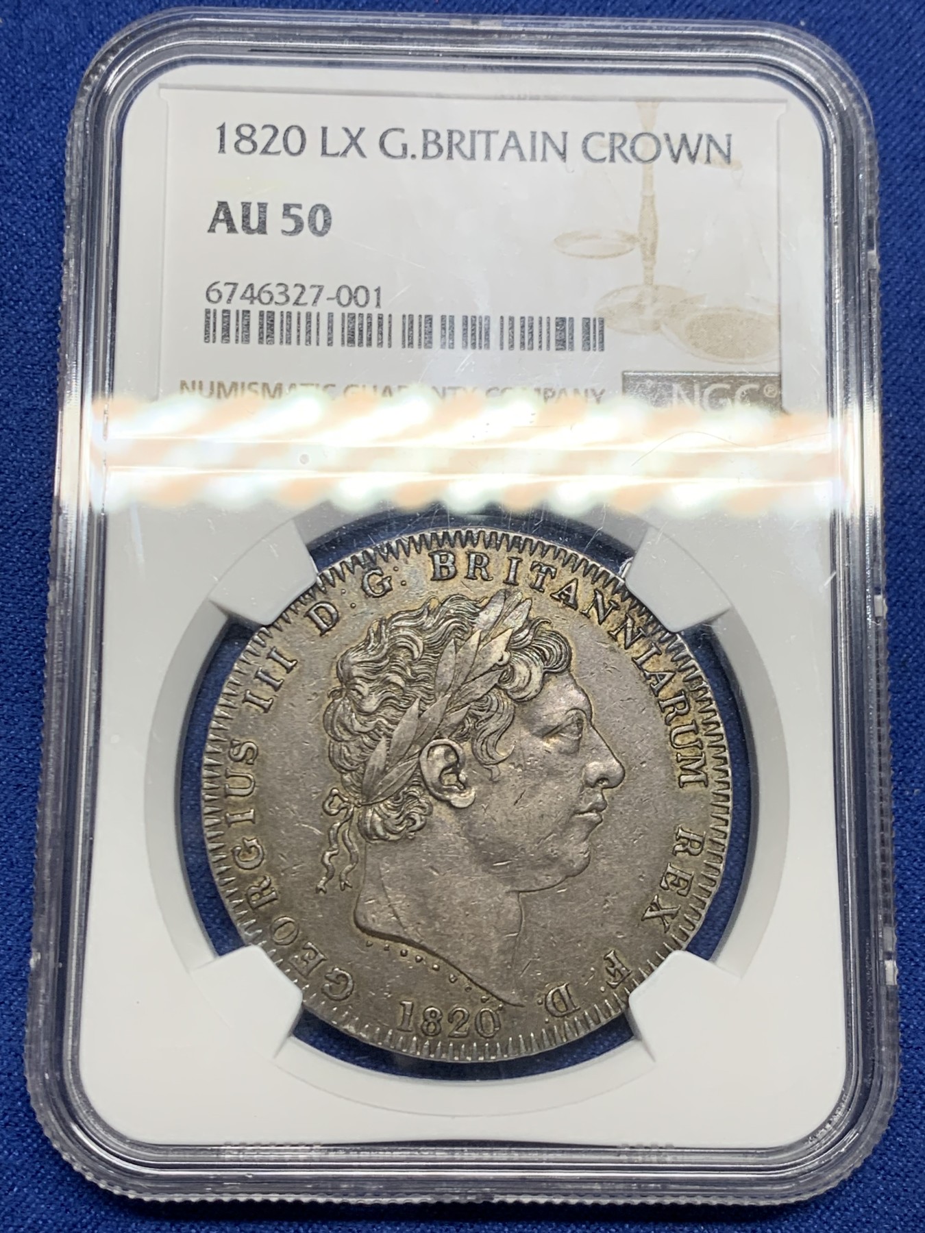 《竞宝斋》第242场-周日，周一 新年开场 (全场包邮) NGC AU50 1820年英国乔三马剑克朗银币 醇厚的英伦黑色包浆 细节好，明显低评