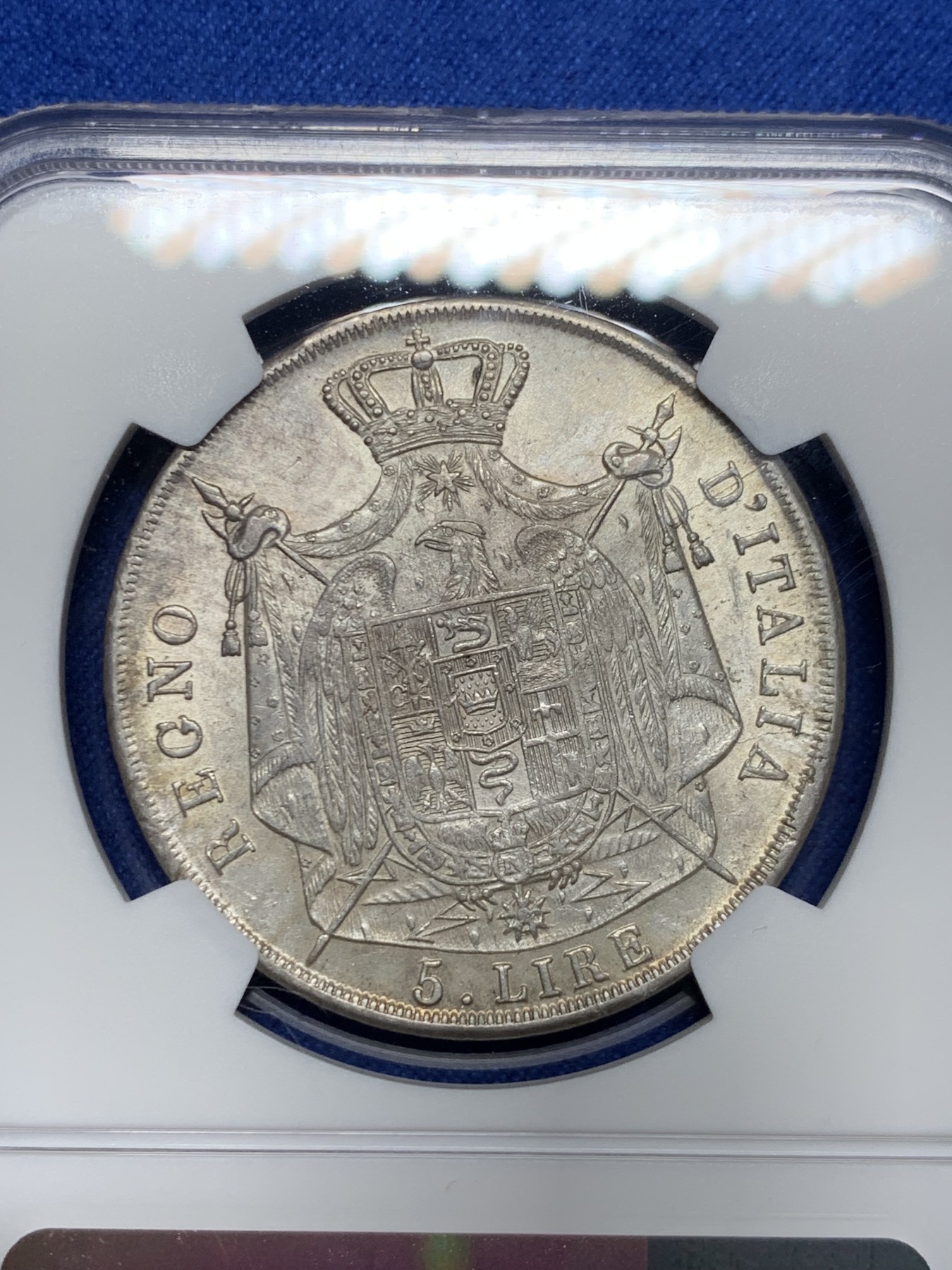 《竞宝斋》第242场-周日，周一 新年开场 (全场包邮) NGC AU55 意大利王国1811 拿破仑5里拉 拿破仑翻越阿尔卑斯山，战胜意大利，铸造的大银币！