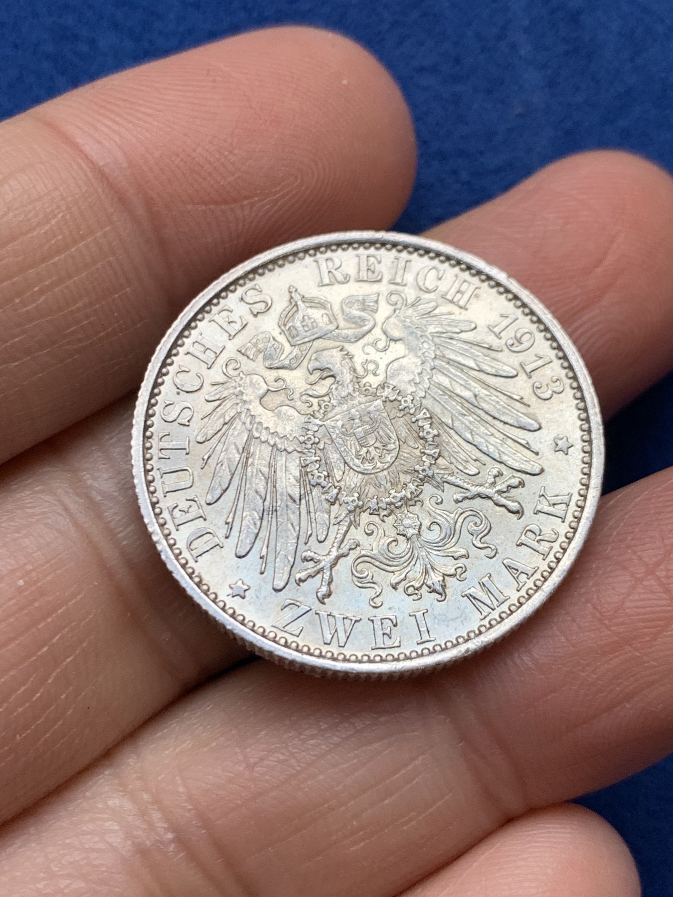 《竞宝斋》第242场-周日，周一 新年开场 (全场包邮) 德国普鲁士1913年威廉二世花枝2马克银币 老包浆背面光度好