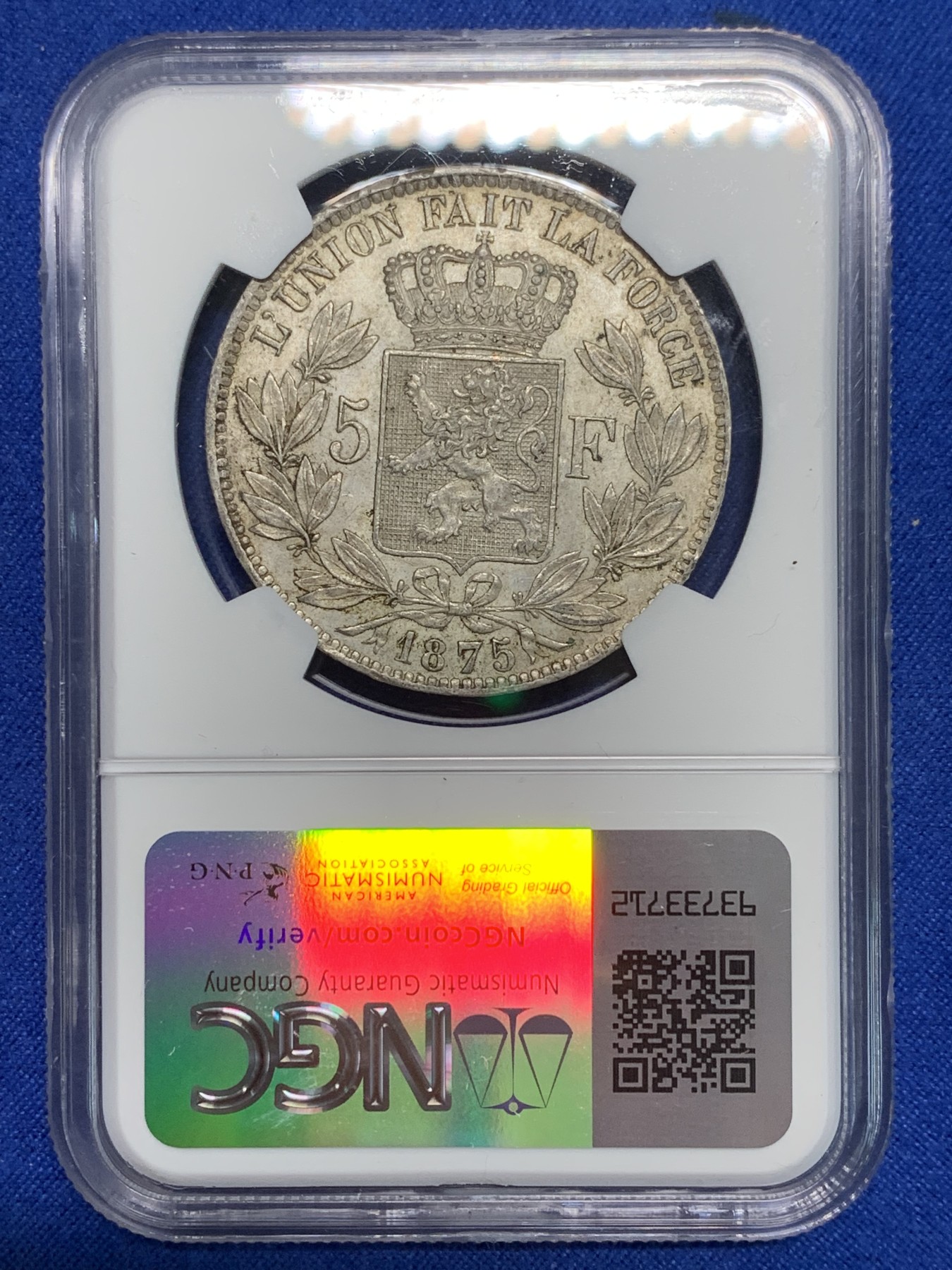 《竞宝斋》第242场-周日，周一 新年开场 (全场包邮) NGC AU55 比利时1875年利奥波德5法郎银币 细节好