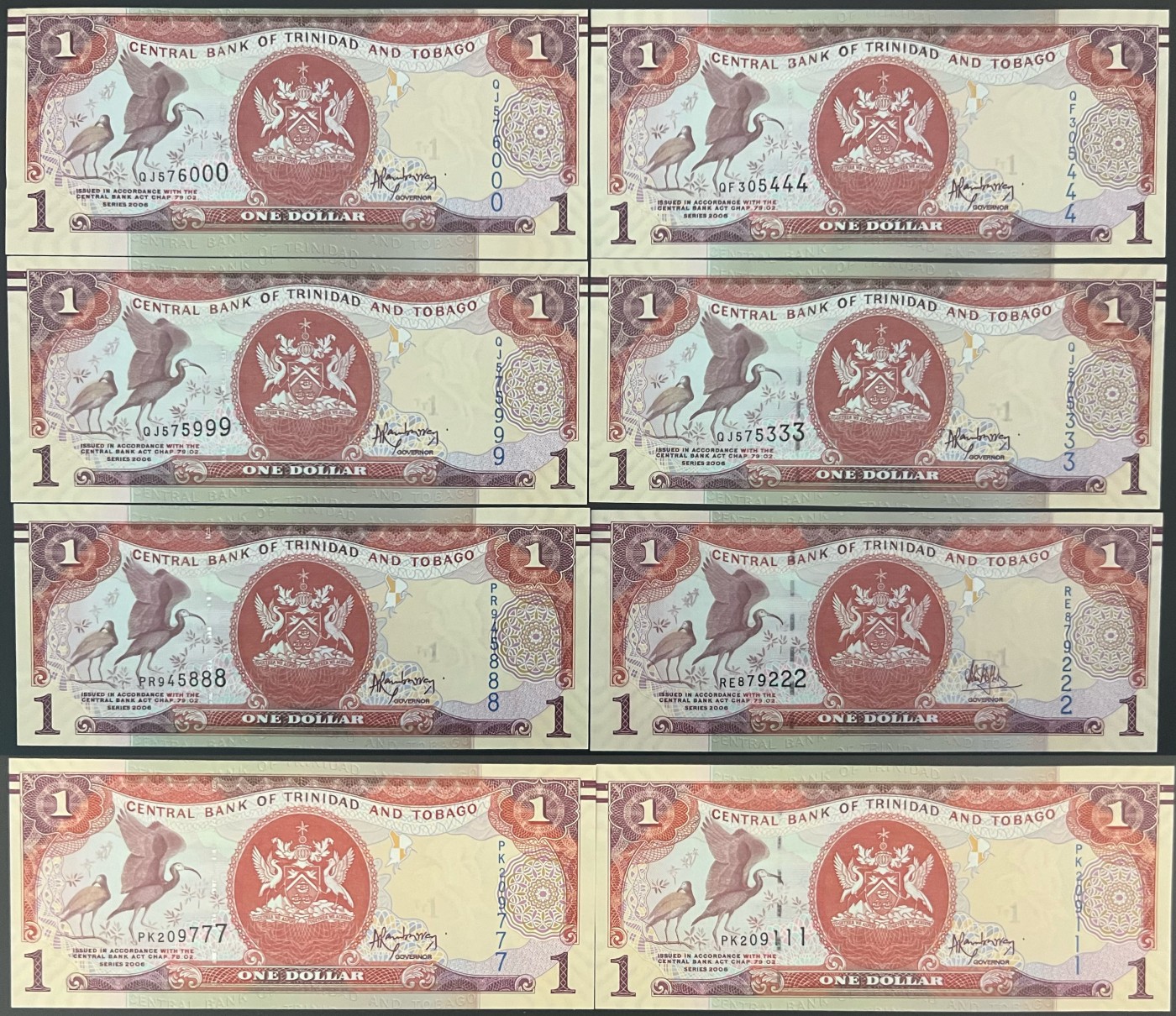 🌗乐淘淘世界纸币收藏拍卖 第42期 平价裸钞专场🌓 特立尼达和多巴哥纸币八张 豹子号 222有折 其余全新UNC