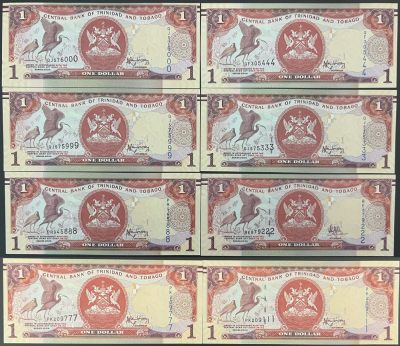 🌗乐淘淘世界纸币收藏拍卖 第42期 平价裸钞专场🌓 - 特立尼达和多巴哥纸币八张 豹子号 222有折 其余全新UNC