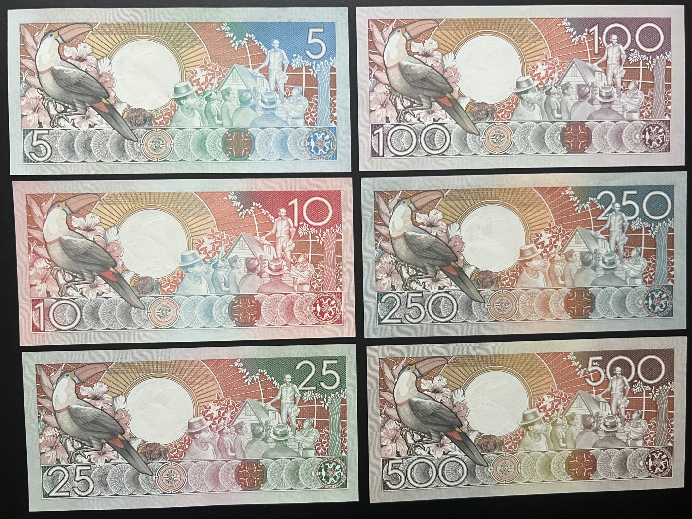 🌗乐淘淘世界纸币收藏拍卖 第42期 平价裸钞专场🌓 苏里南纸币六张 5/10/25/100/250/500盾 10有微斑 其余全新UNC