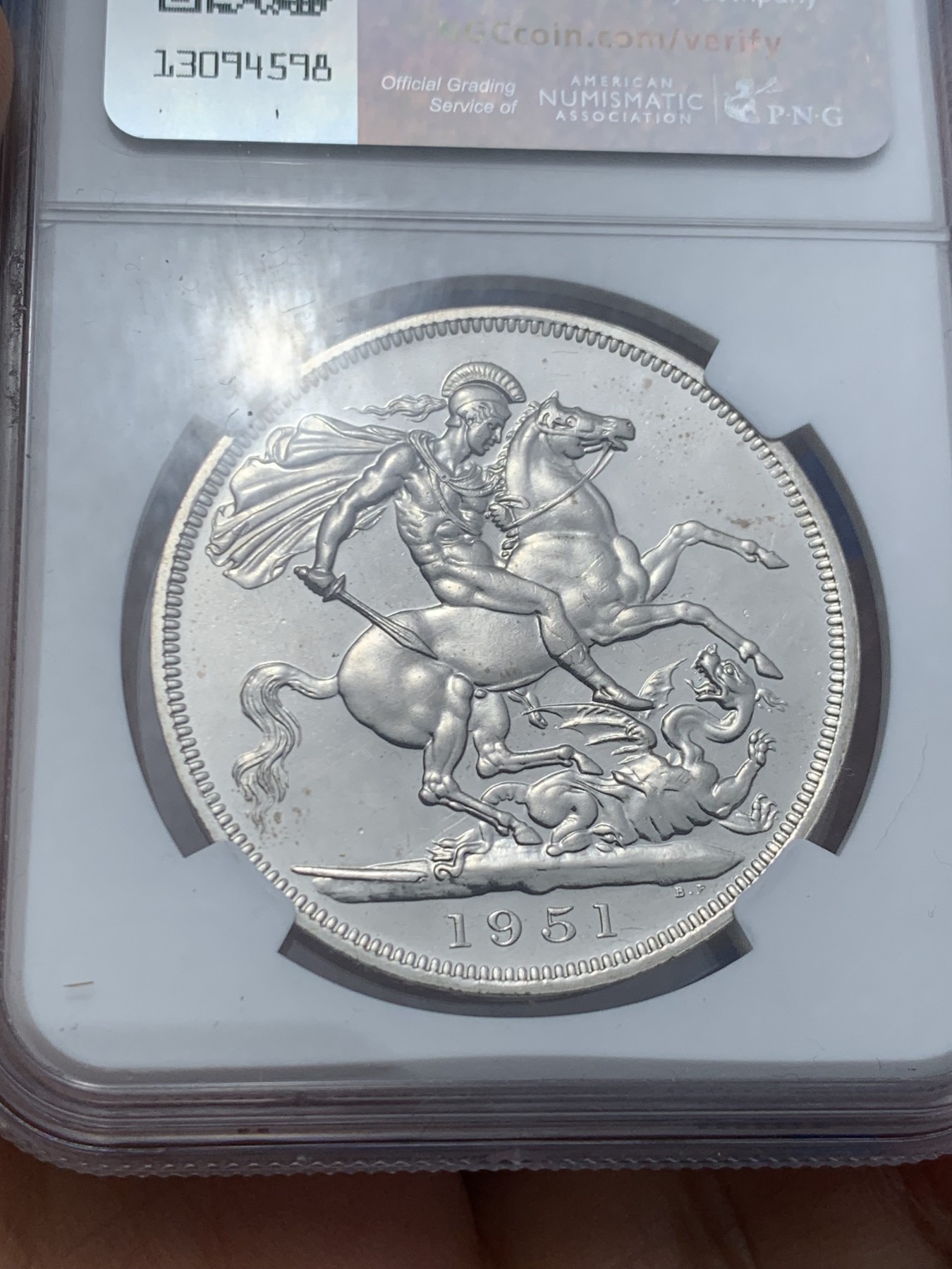 《竞宝斋》第242场-周日，周一 新年开场 (全场包邮) NGC PL64 英国1951年乔治六世克朗 最后的镍马剑