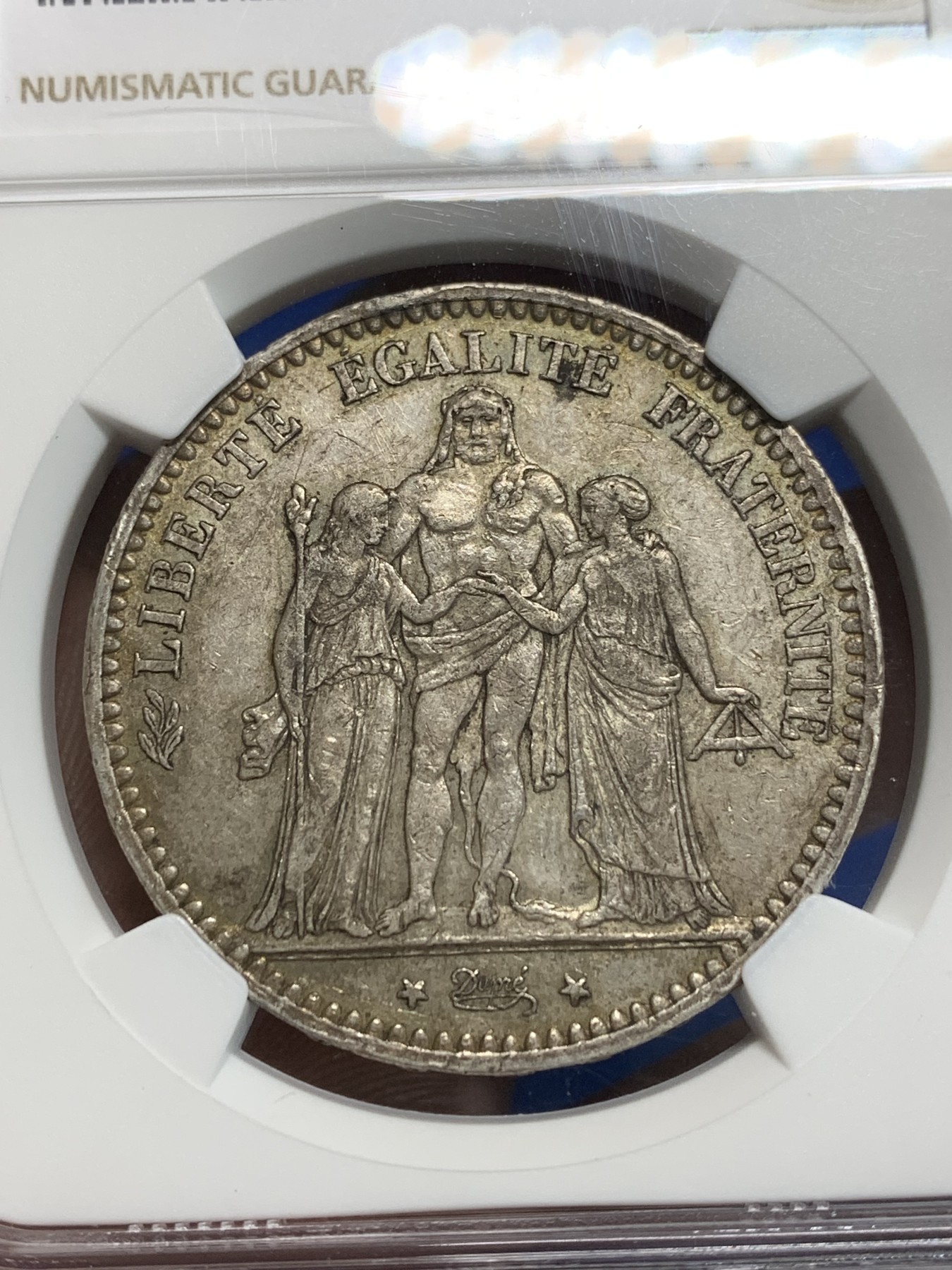 《竞宝斋》第242场-周日，周一 新年开场 (全场包邮) NGC AU50 法国1876年大力神5法郎银币，少见年份，原味包浆。