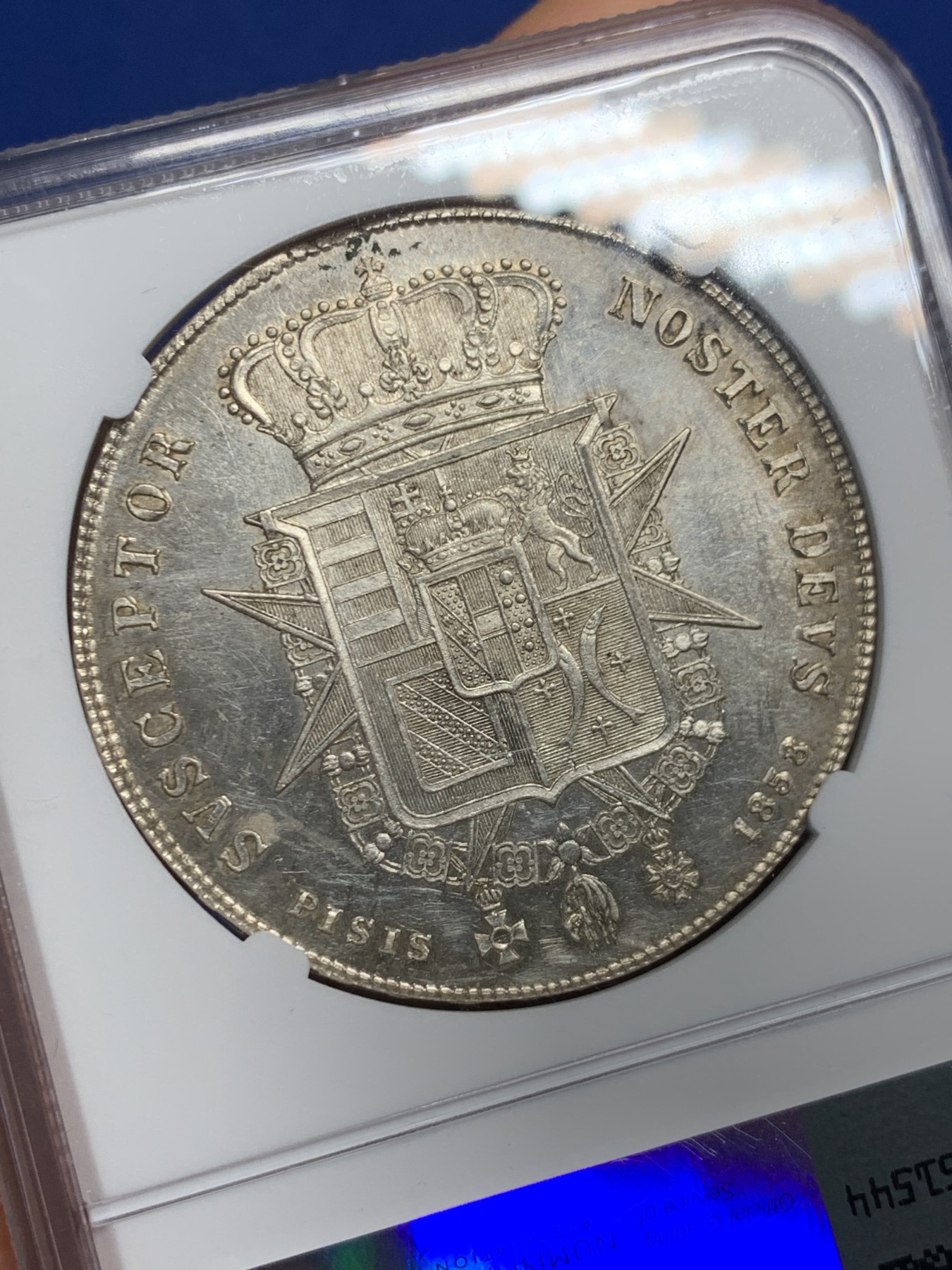 《竞宝斋》第242场-周日，周一 新年开场 (全场包邮) NGC UNC 意大利1858年托斯卡纳4FIOR银币 细节好