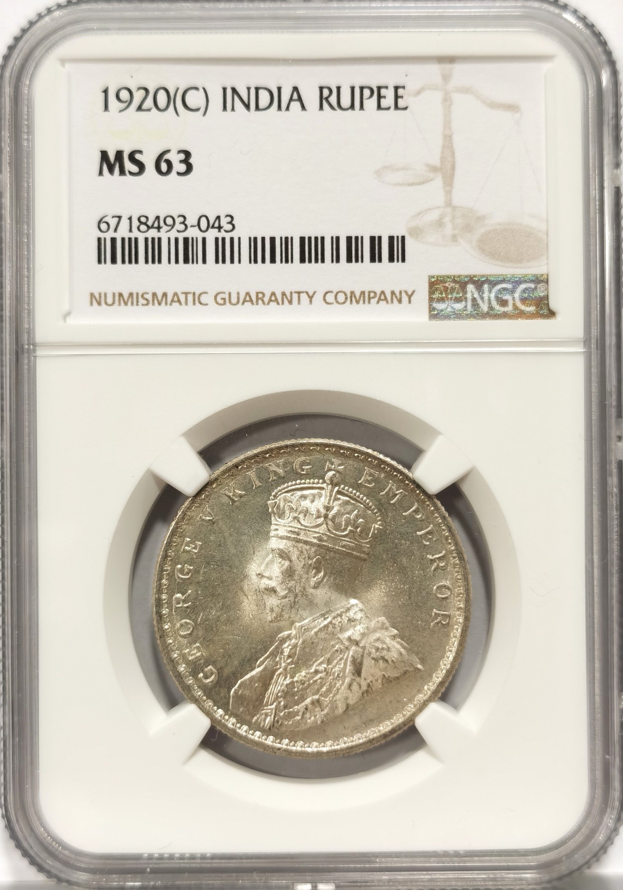 博洋堂世界钱币拍卖第066期（全场包邮） NGC MS63 英属印度1920年C版乔治五世1卢比银币