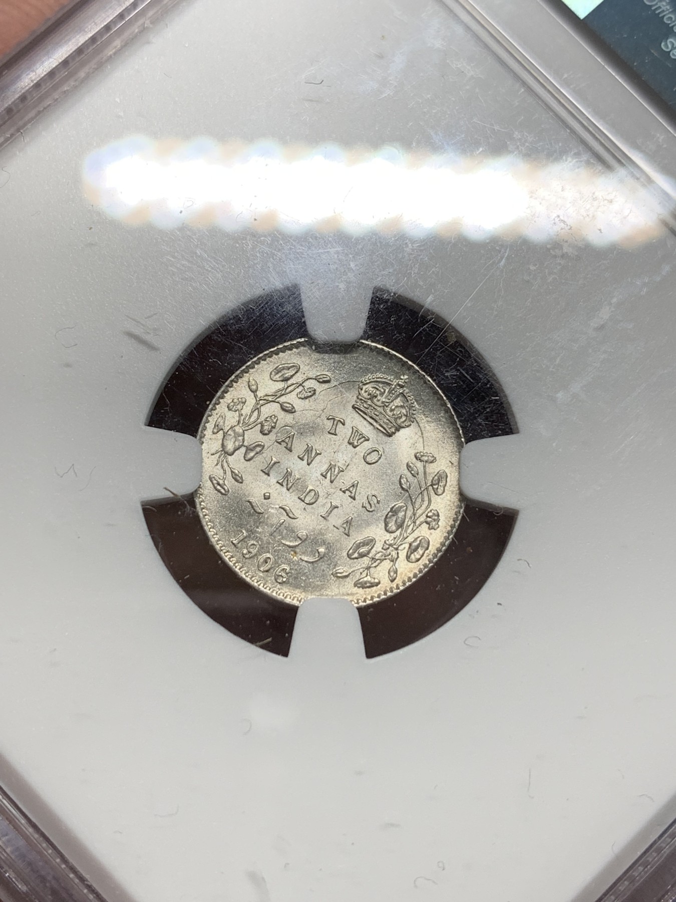 《竞宝斋》第242场-周日，周一 新年开场 (全场包邮) NGC MS63 英属印度1906年C版爱七2安娜银币 原卷拆评级