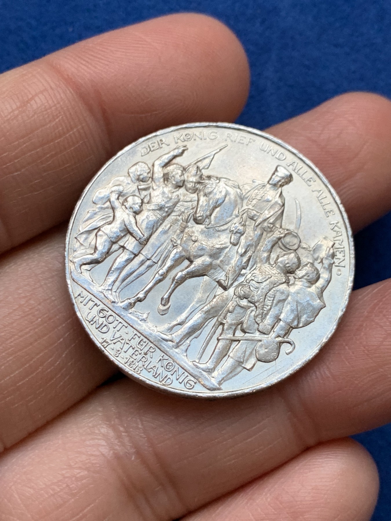 《竞宝斋》第242场-周日，周一 新年开场 (全场包邮) 德国普鲁士1913年战胜拿破仑100周年纪念3马克银币 人脸清晰带包浆