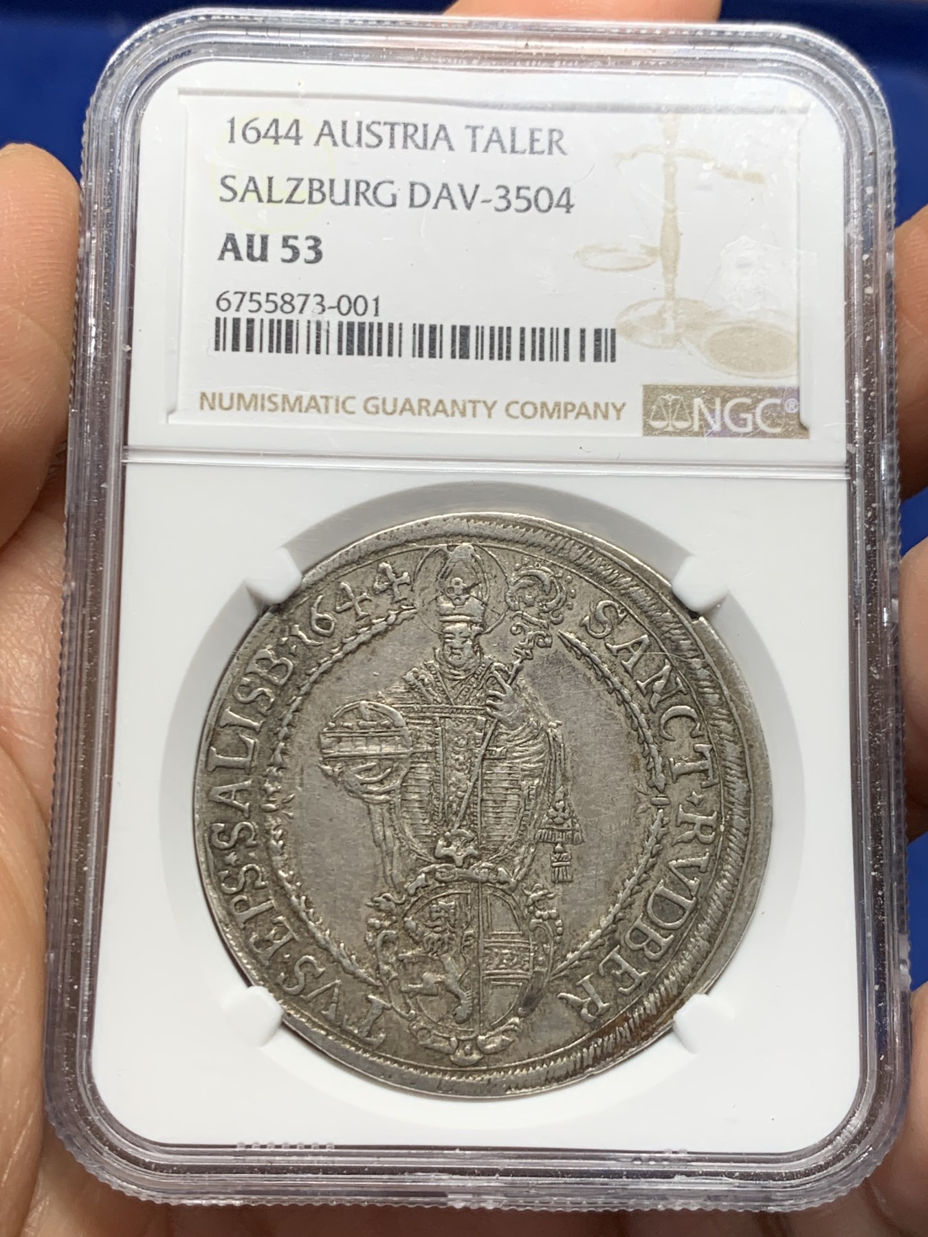 《竞宝斋》第242场-周日，周一 新年开场 (全场包邮) NGC-AU53 神罗奥地利萨尔茨堡1644年主教泰勒 天使抱婴手工打制大银币