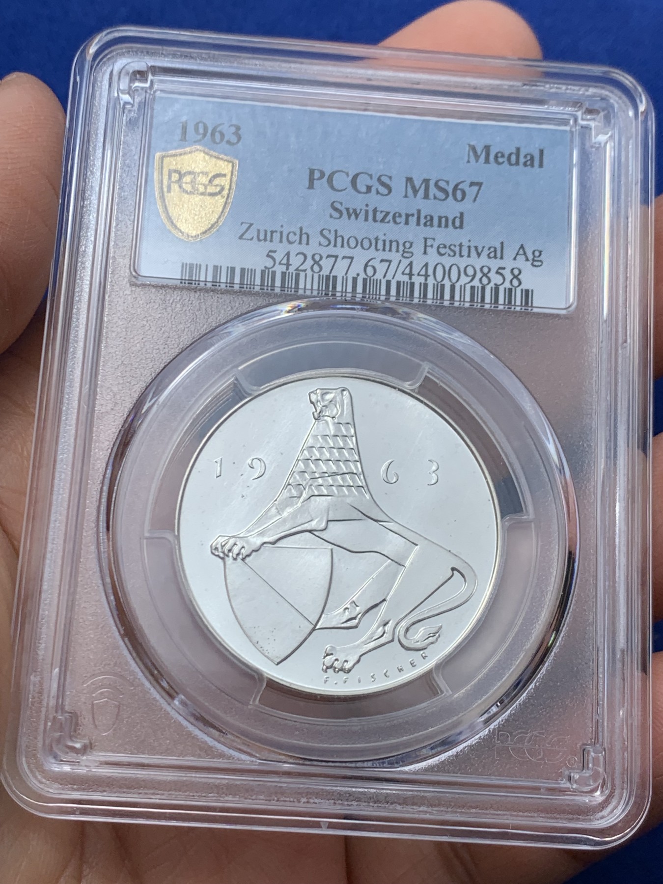 《竞宝斋》第242场-周日，周一 新年开场 (全场包邮) PCGS MS67 瑞士 苏黎世 1963年 射击节 银章 设计简约精美