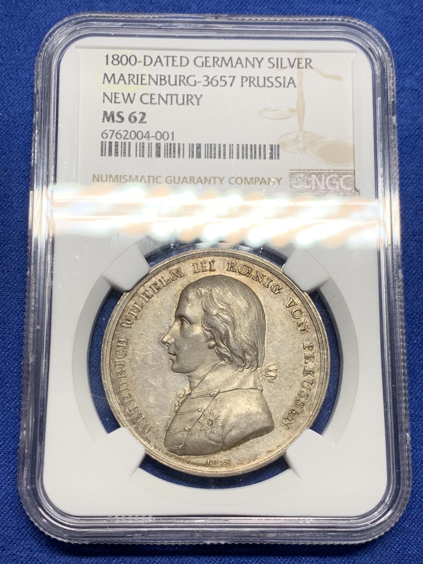 《竞宝斋》第242场-周日，周一 新年开场 (全场包邮) NGC MS62 德国 1800 普鲁士 威廉三世 新世纪 银章 高细节 难得品种