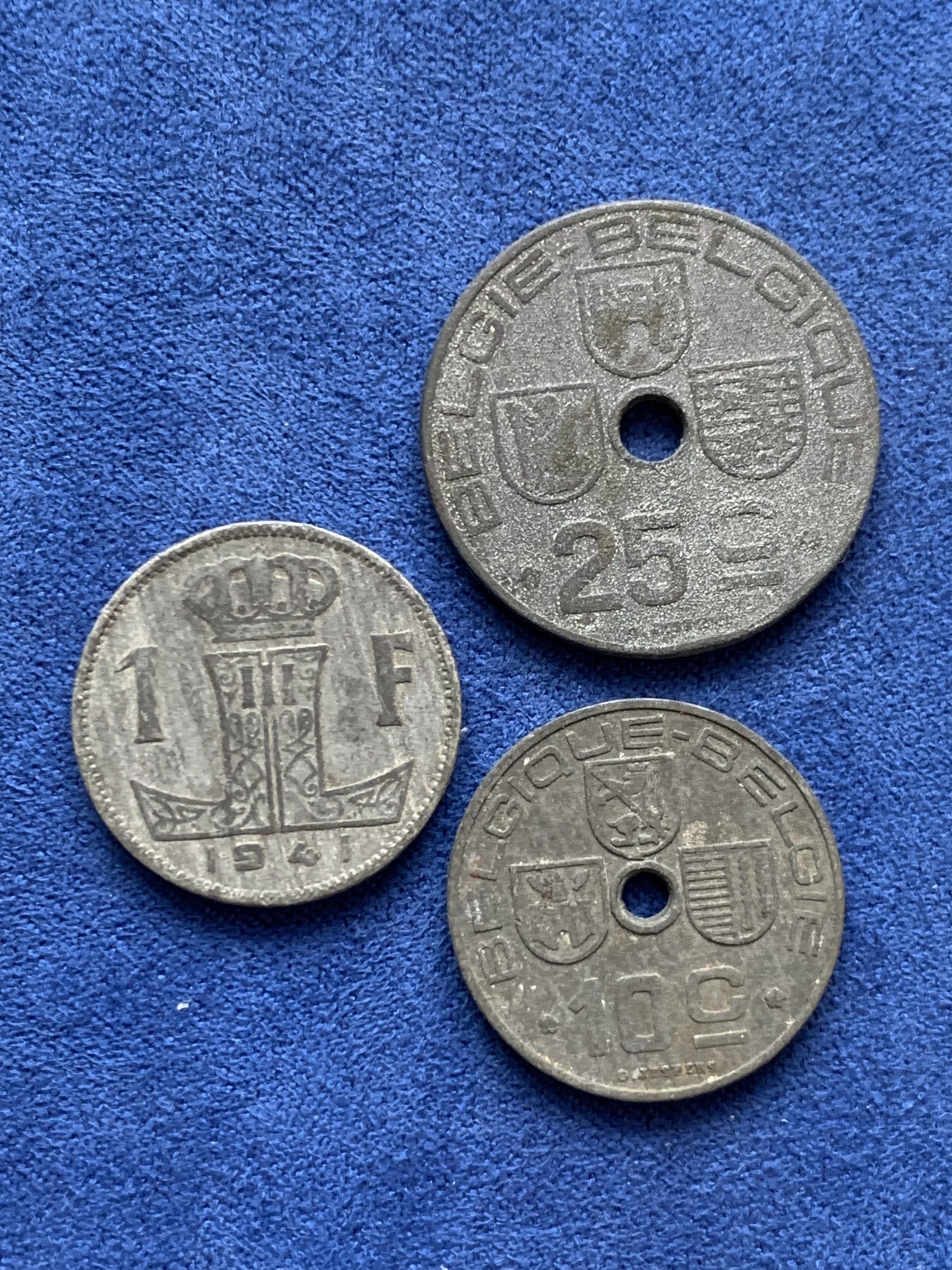 《竞宝斋》第242场-周日，周一 新年开场 (全场包邮) 3枚一组 1941年比利时傀儡政府时期1法郎锌币+25分锌币+10分锌币