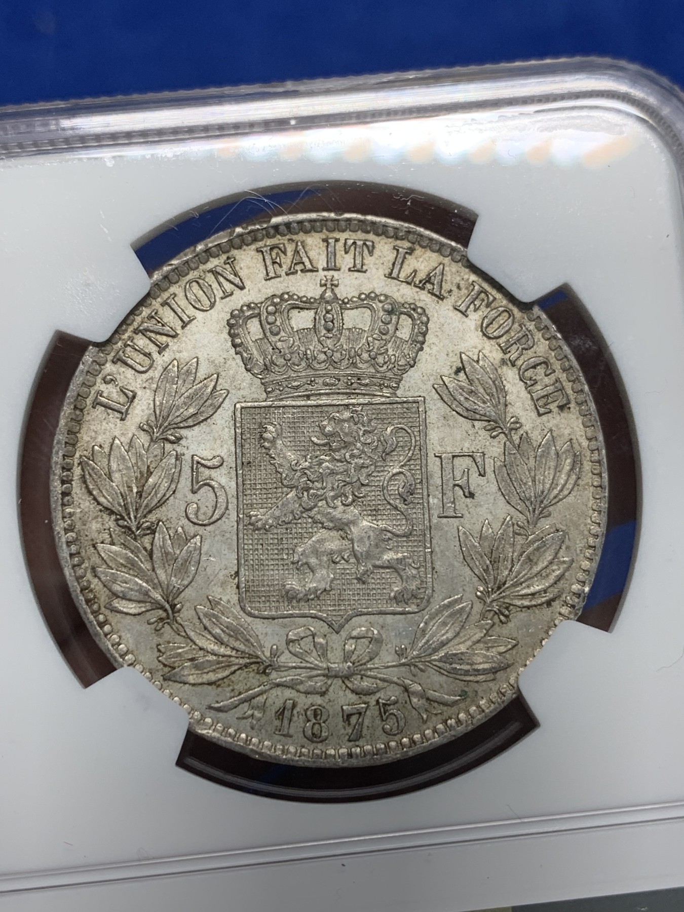 《竞宝斋》第242场-周日，周一 新年开场 (全场包邮) NGC AU55 比利时1875年利奥波德5法郎银币 细节好